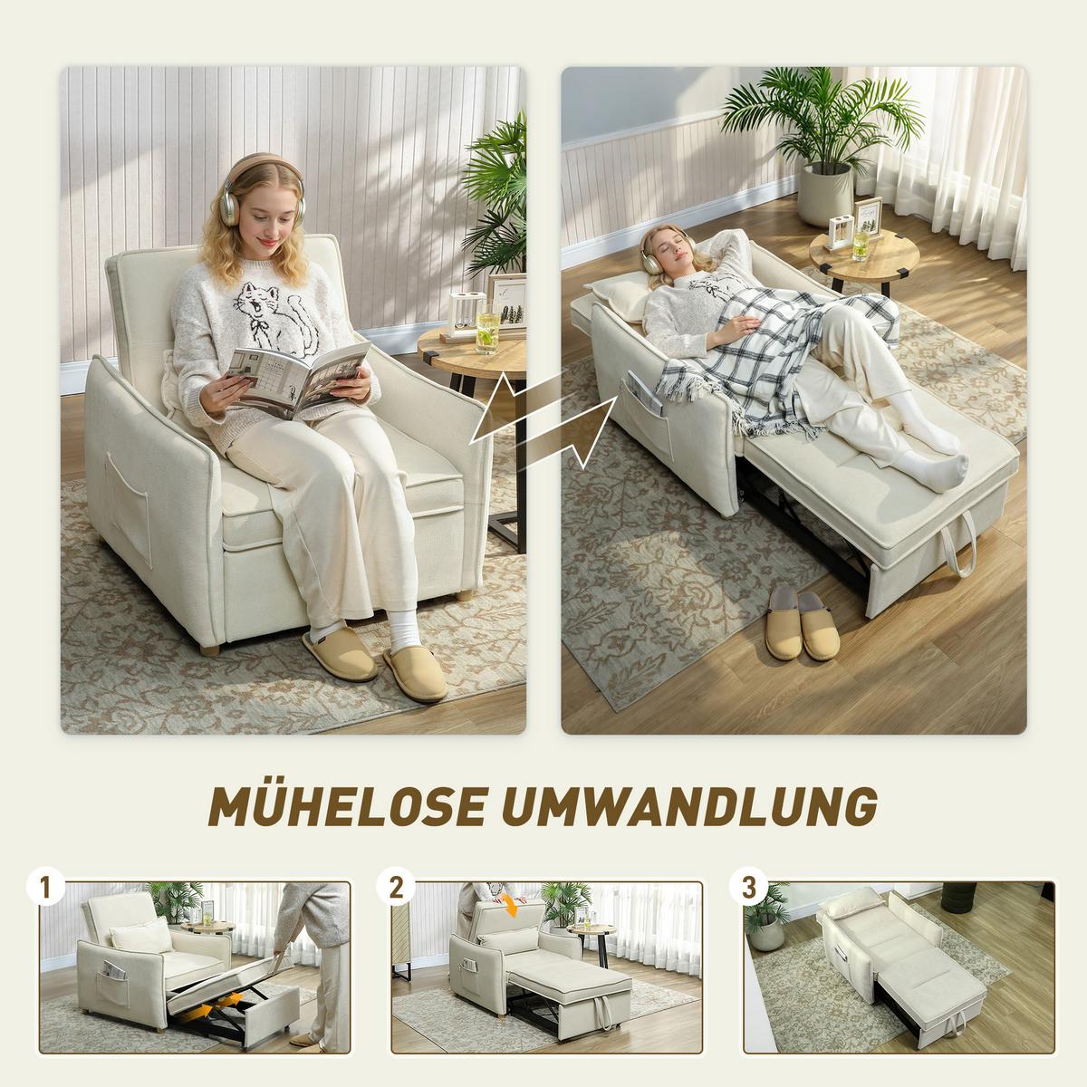 SCHLAFSESSEL Polyester Eukalyptusholz Cremeweiß - Eukalyptusholzfarben/Creme, Holz/Textil (84/87/88cm) - HOMCOM