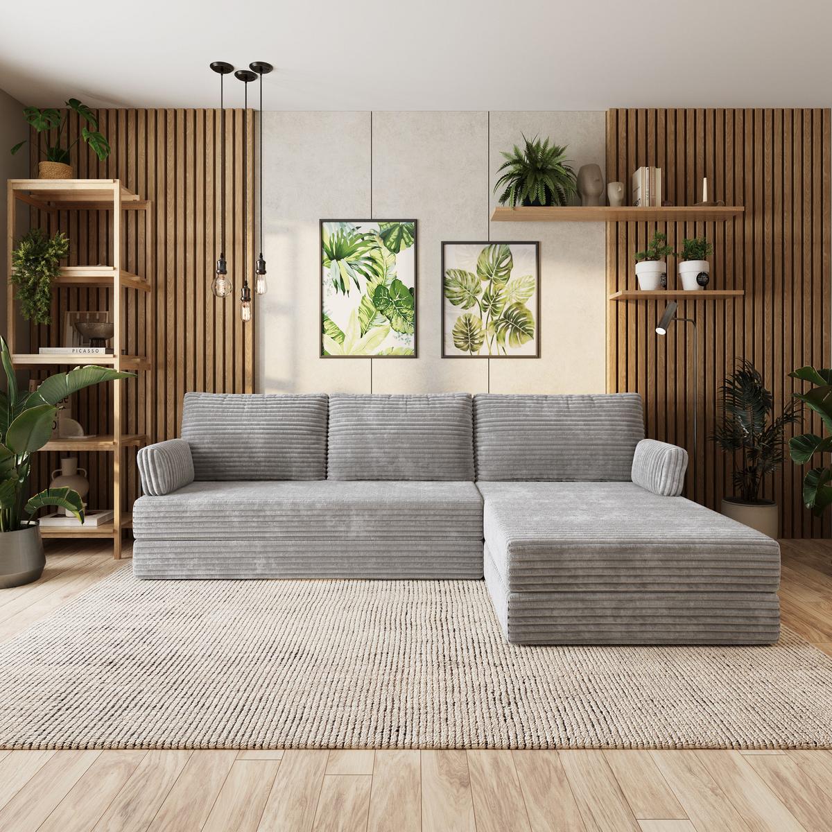 ECKSOFA ANKO modulares Boneless Sofa mit Schlaffunktion Hellgrau Kordstoff - Grau, Textil (270/160cm) - MASSENO