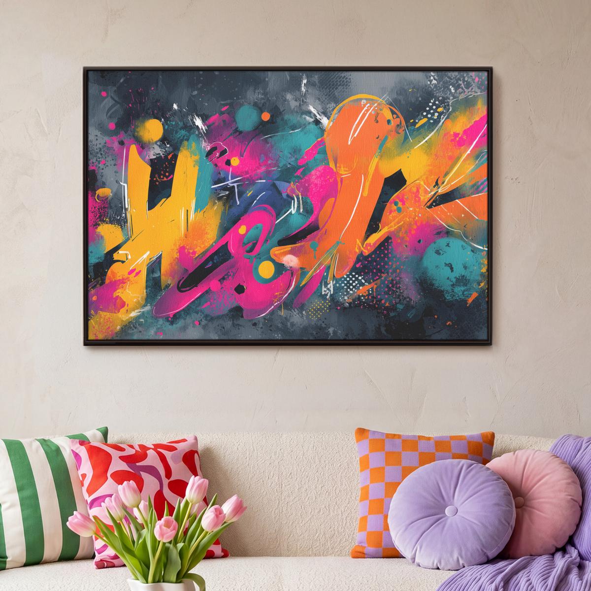 LEINWAND Bilder mit Rahmen - Abstrakt - Graffiti - Farbenfroh - Farbspritzer - 90x60 - Multicolor, Textil (90/60cm) - MuchoWow