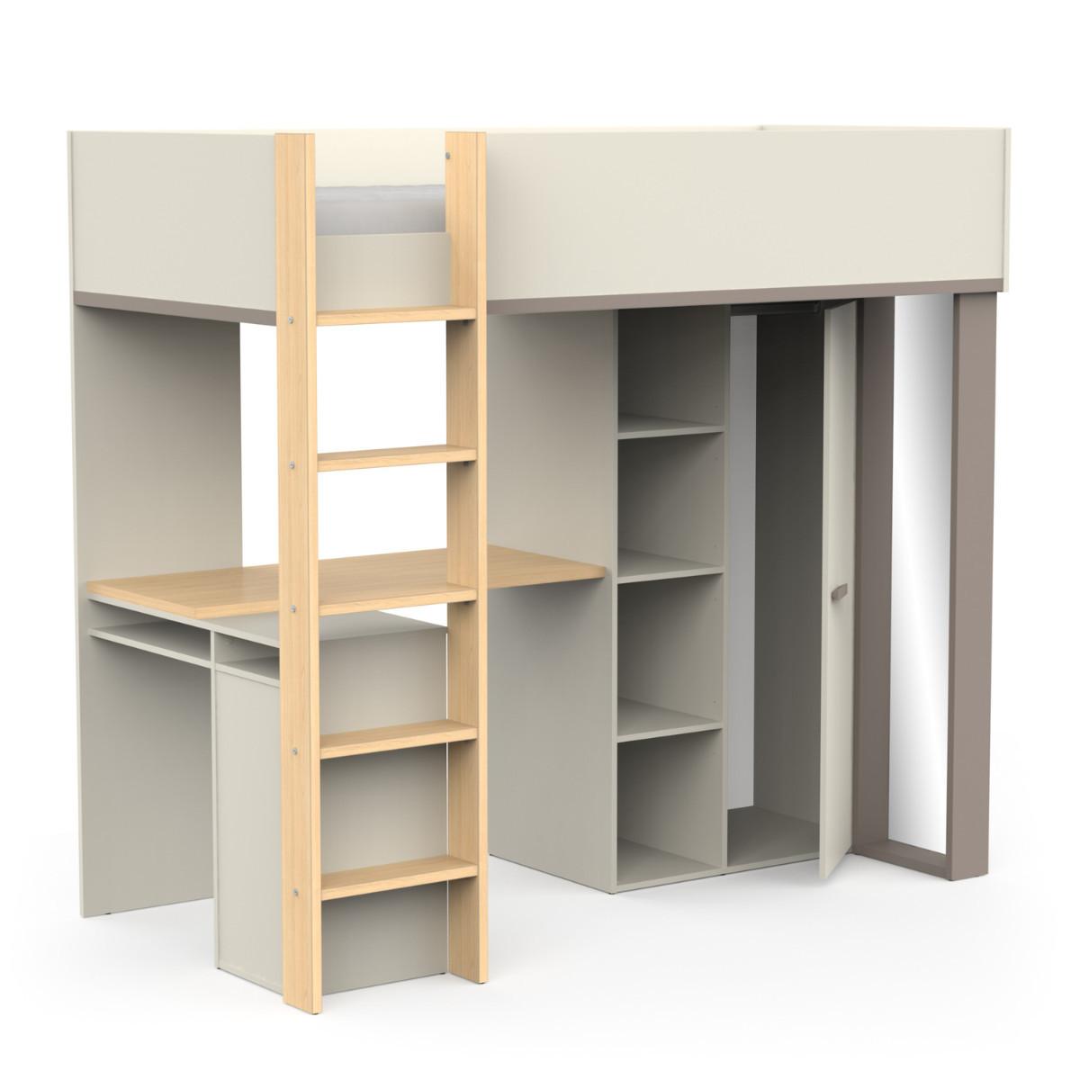 HOCHBETT mit schreibtisch und kleiderschrank - camillia 205,9/104,1/183 cm - Eichefarben/Grau, Holzwerkstoff - Calicosy