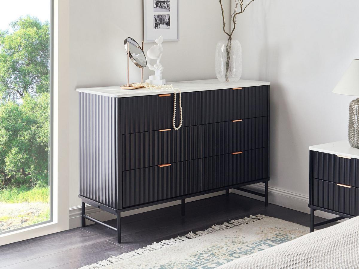 KOMMODE mit 6 Schubladen Marmor Optik/Schwarz Glastonbury - Weiß, Holzwerkstoff (120/80/40cm) - Beliani