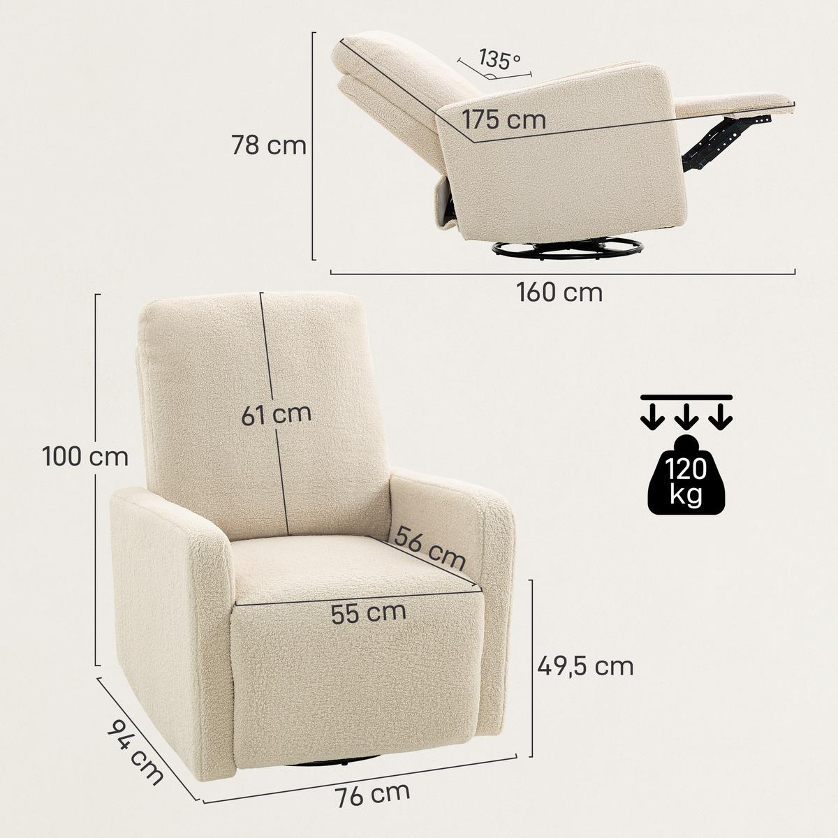 RELAXSESSEL, Fernsehsessel mit Liegefunktion, Wippfunktion, Fleece-Optik Beige - Beige, Textil (76/100/94cm) - HOMCOM