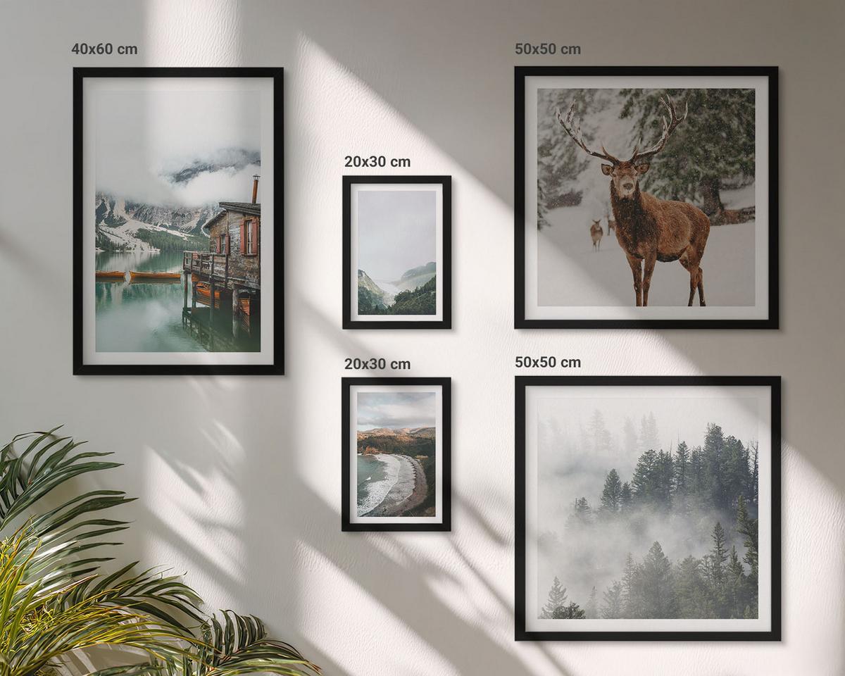 BILDER SET 5er Set - 50x50 cm & 20x30 cm & 40x60 cm Schwarzer Rahmen - Bergstrände Wolken Wasser - Schwarz, Kunststoff (40/60cm) - TULUP