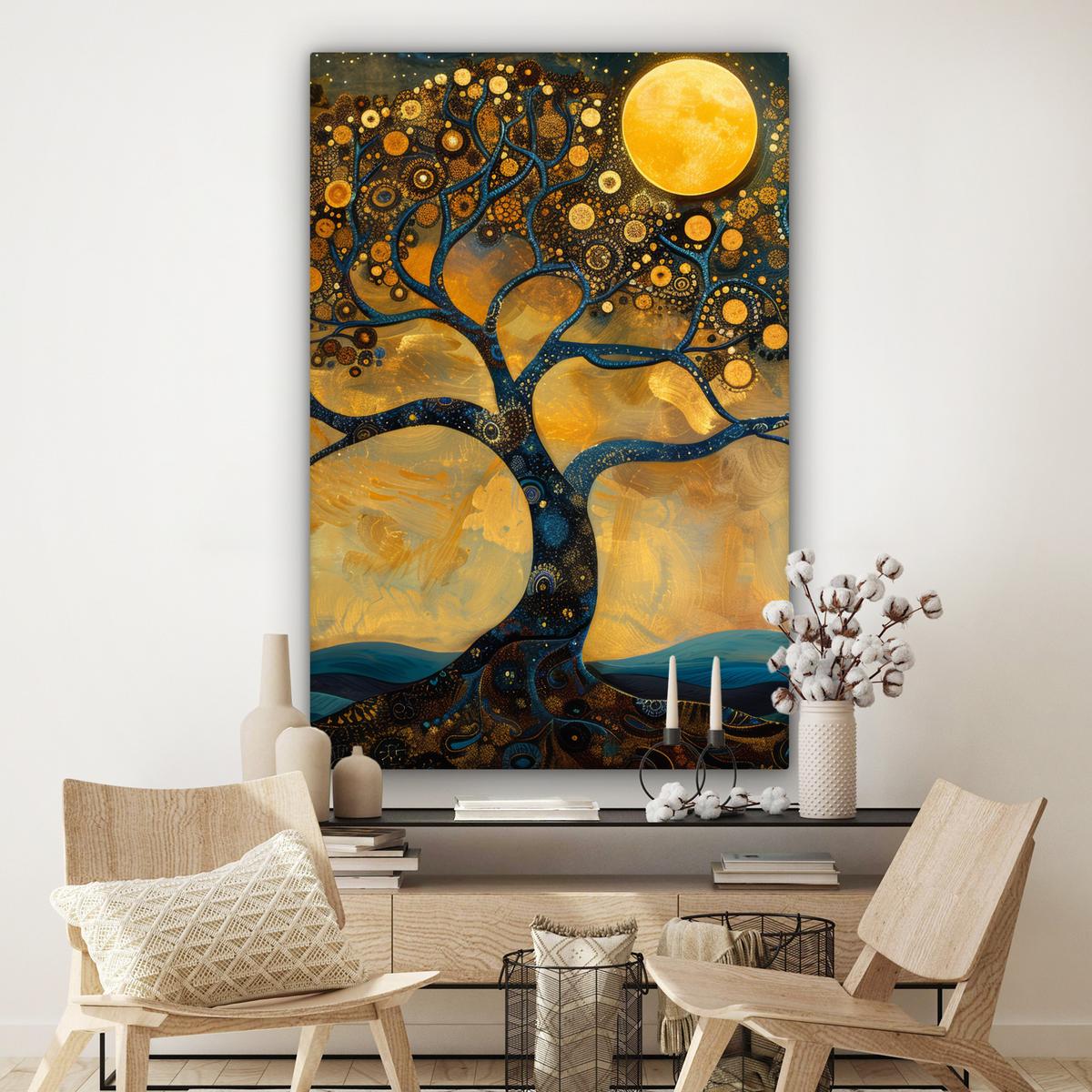 LEINWANDBILD Baum - Mond - Blumen - Gold - Kunst Deko Groß 90x140 cm - Orange, Textil (90/140cm) - MuchoWow
