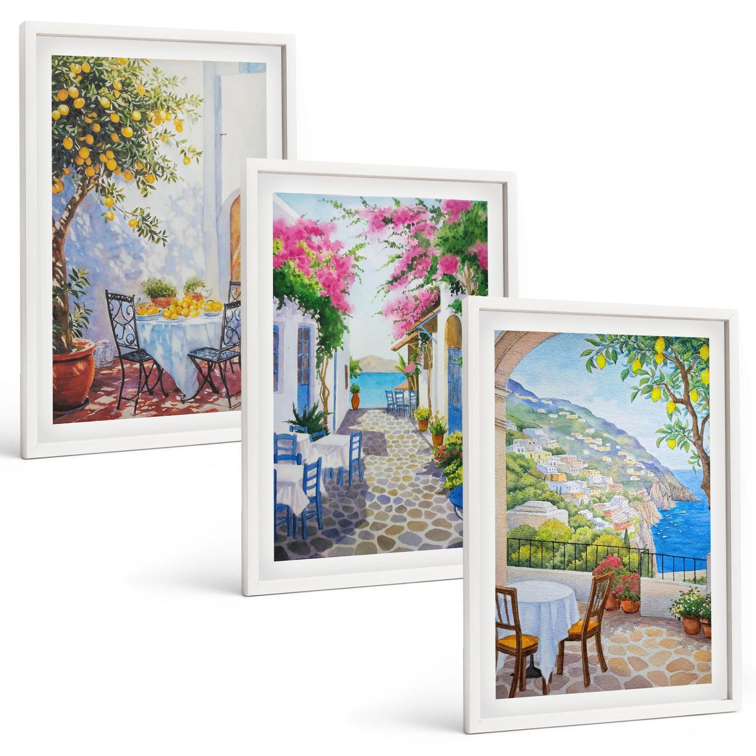 BILDER SET 3er Set - 40x60 cm Weißer Rahmen - Charmante Straßen, Pflanzen, Meer - Weiß, Kunststoff (40/60cm) - TULUP