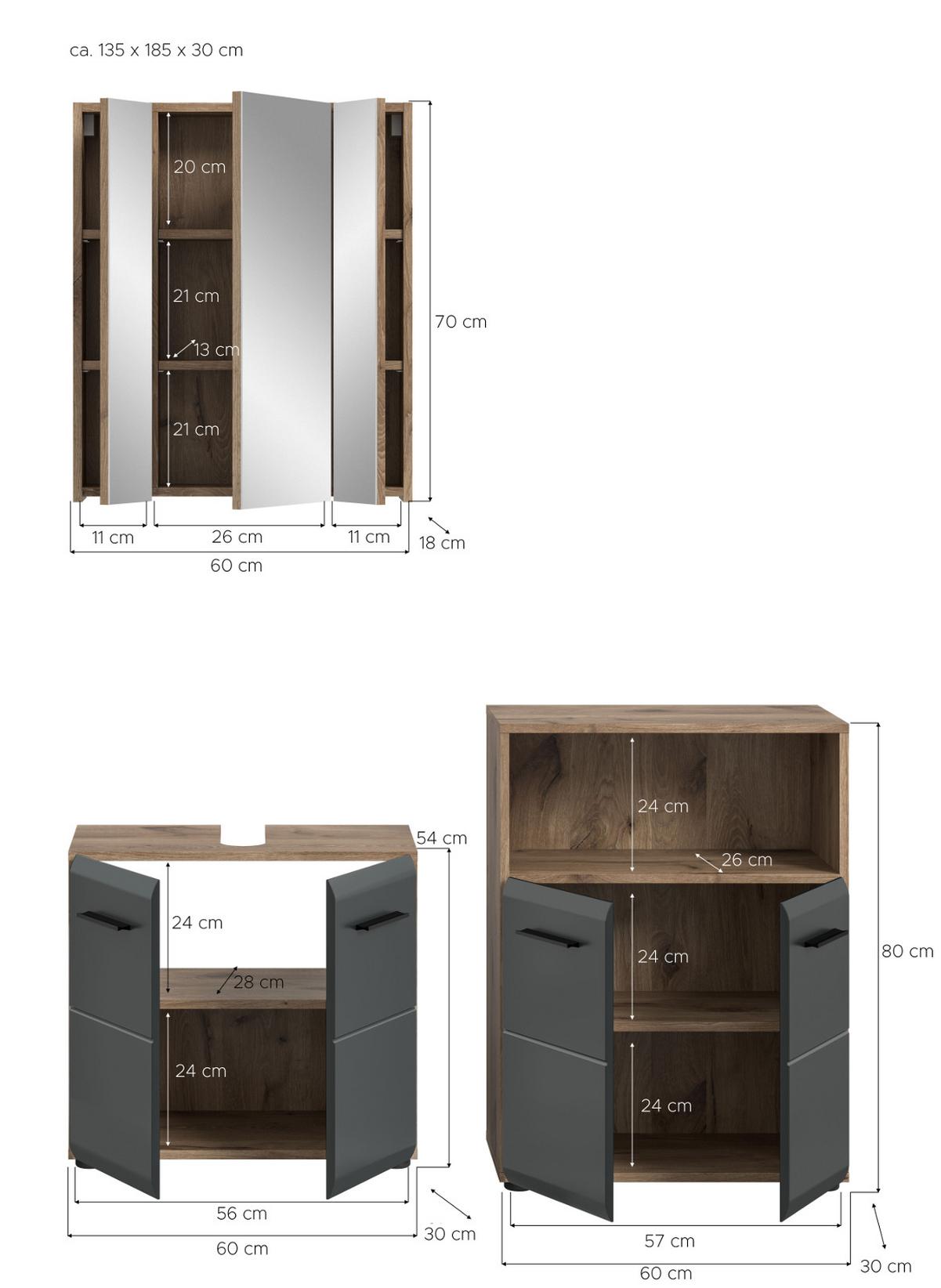 BADMÖBEL-SET 3-teilig schwarz matt, Eiche Nox, Badezimmer Set 135 x 185 cm - Eichefarben/Schwarz, Glas/Holzwerkstoff (135/185/30cm) - Inn.Furn