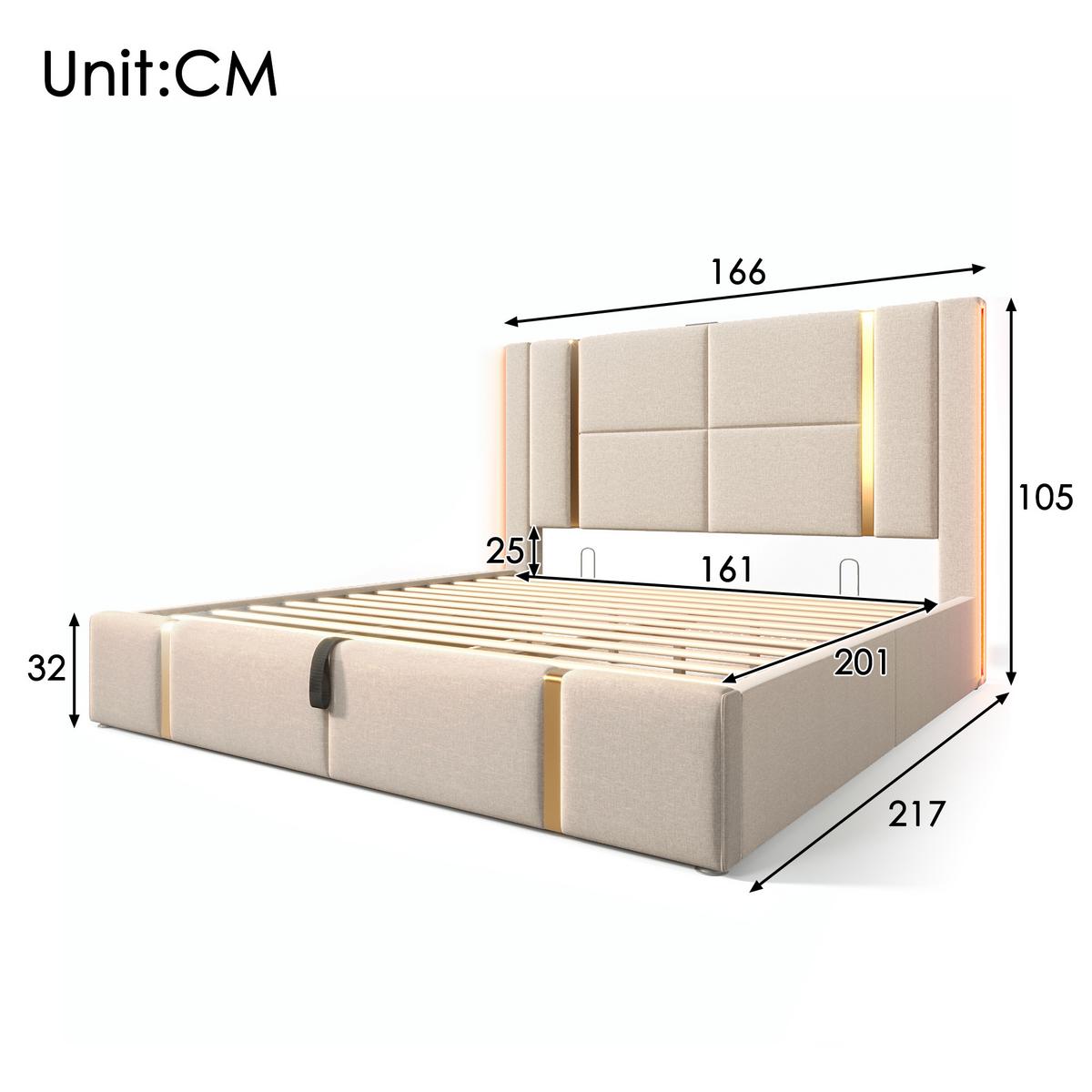 POLSTERBETT Leinen Beige mit LED USB Typ C Stauraum 160×200 cm - Beige, Holzwerkstoff/Textil - Urban Meuble