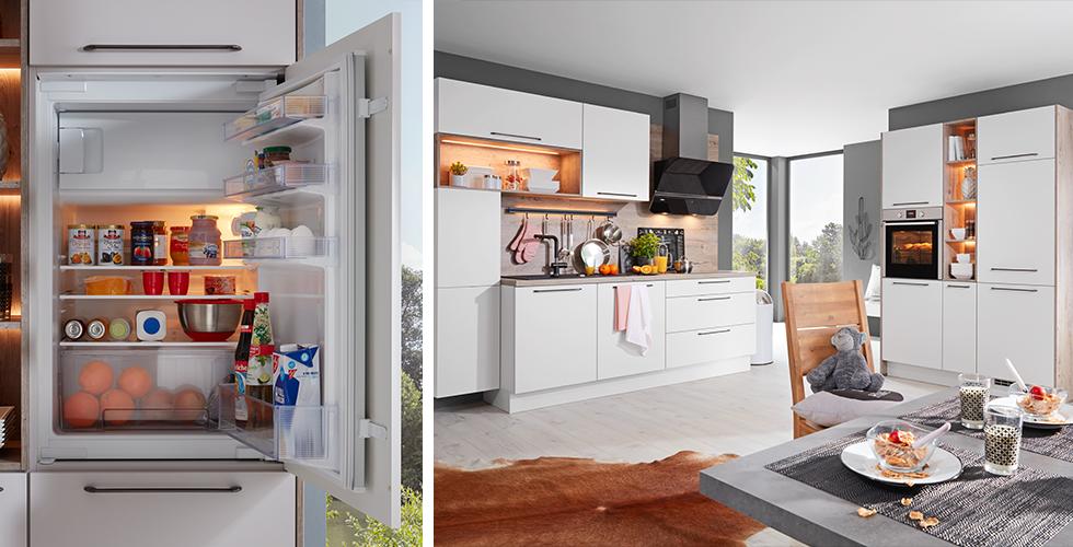 Moderne Planungsküche mit eingebauten Kühlschrank inklusive Gefrierfach von mömax.