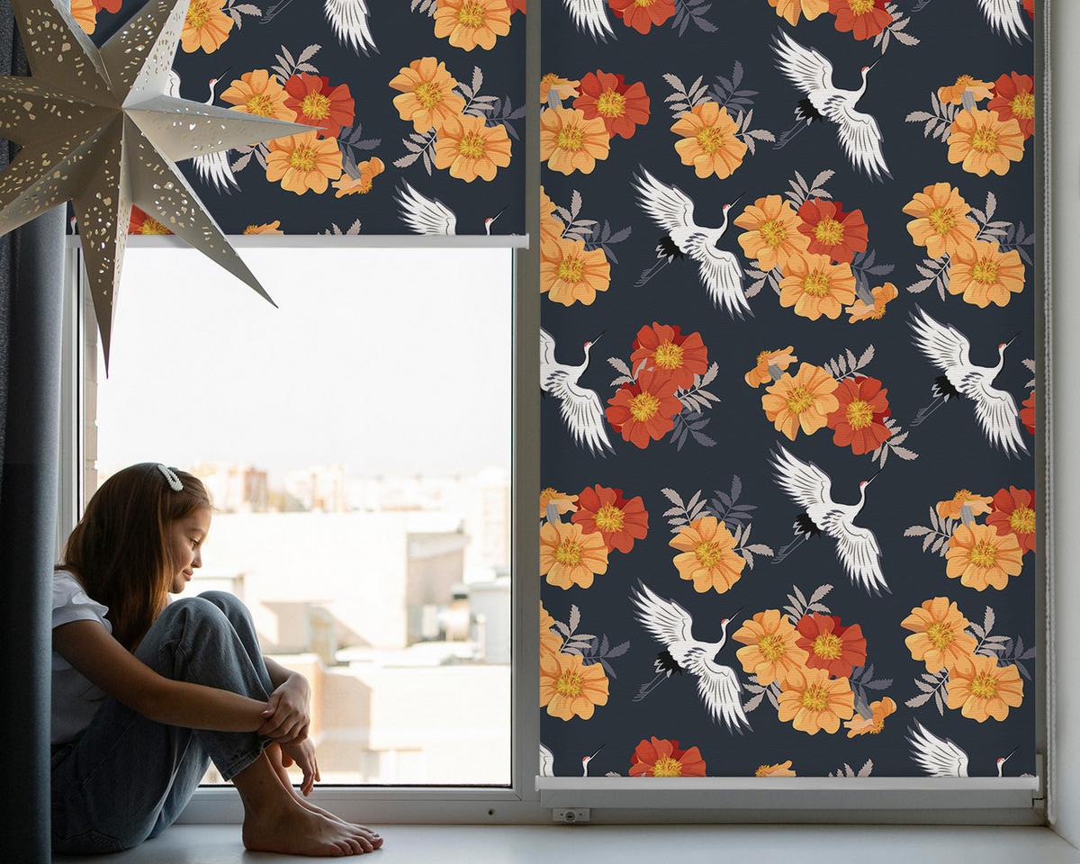 INNENROLLO - Fensterrollo - Rollo - 110x140 cm - Blumen und Kraniche - Dunkelblau, Kunststoff (110/140/0.5cm) - TULUP