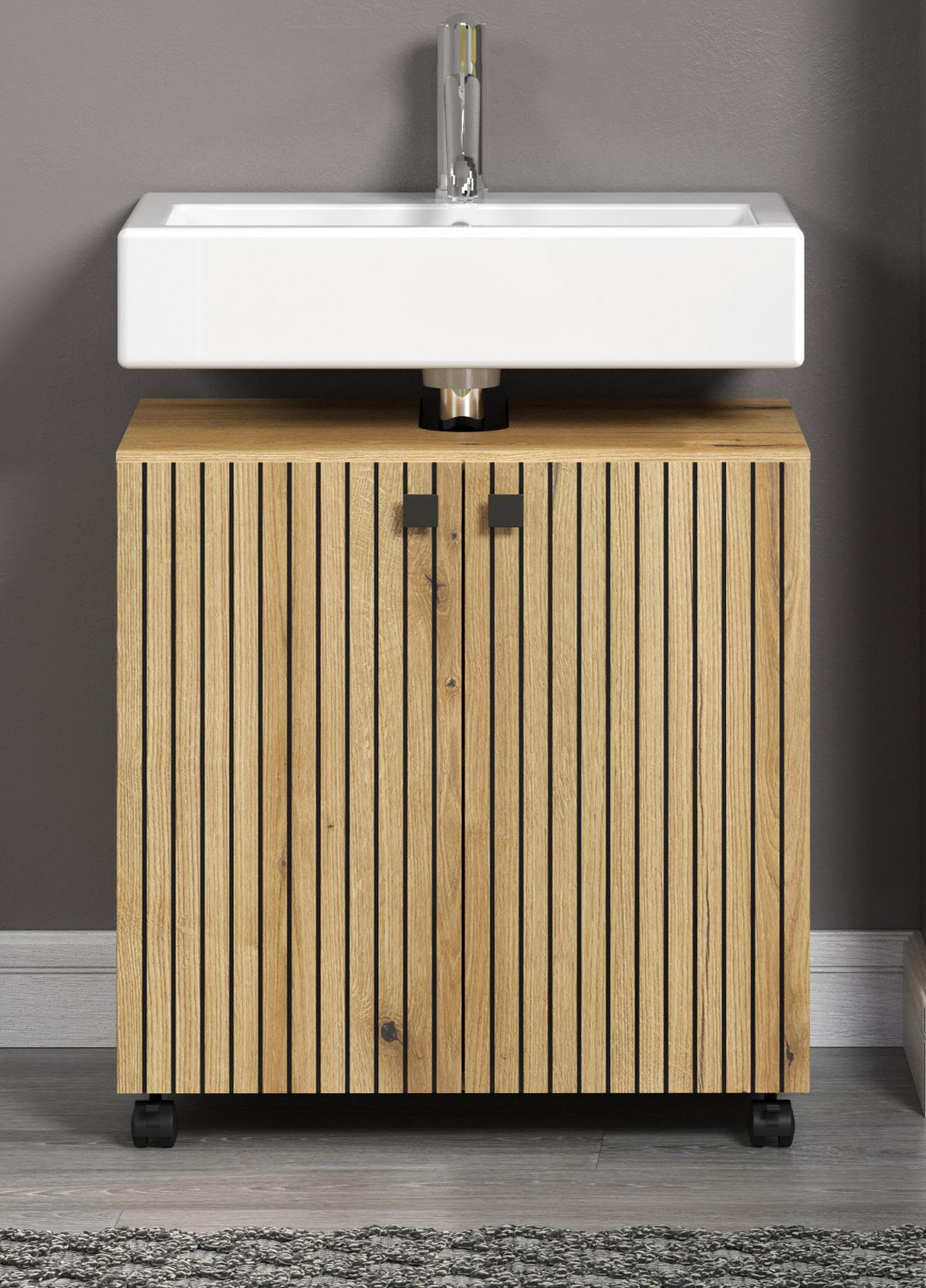 WASCHBECKENUNTERSCHRANK Evoke Eiche 60 cm, Badschrank auf Rollen - Eichefarben/Schwarz, Holzwerkstoff/Kunststoff (60/64/42cm) - Top.Furn