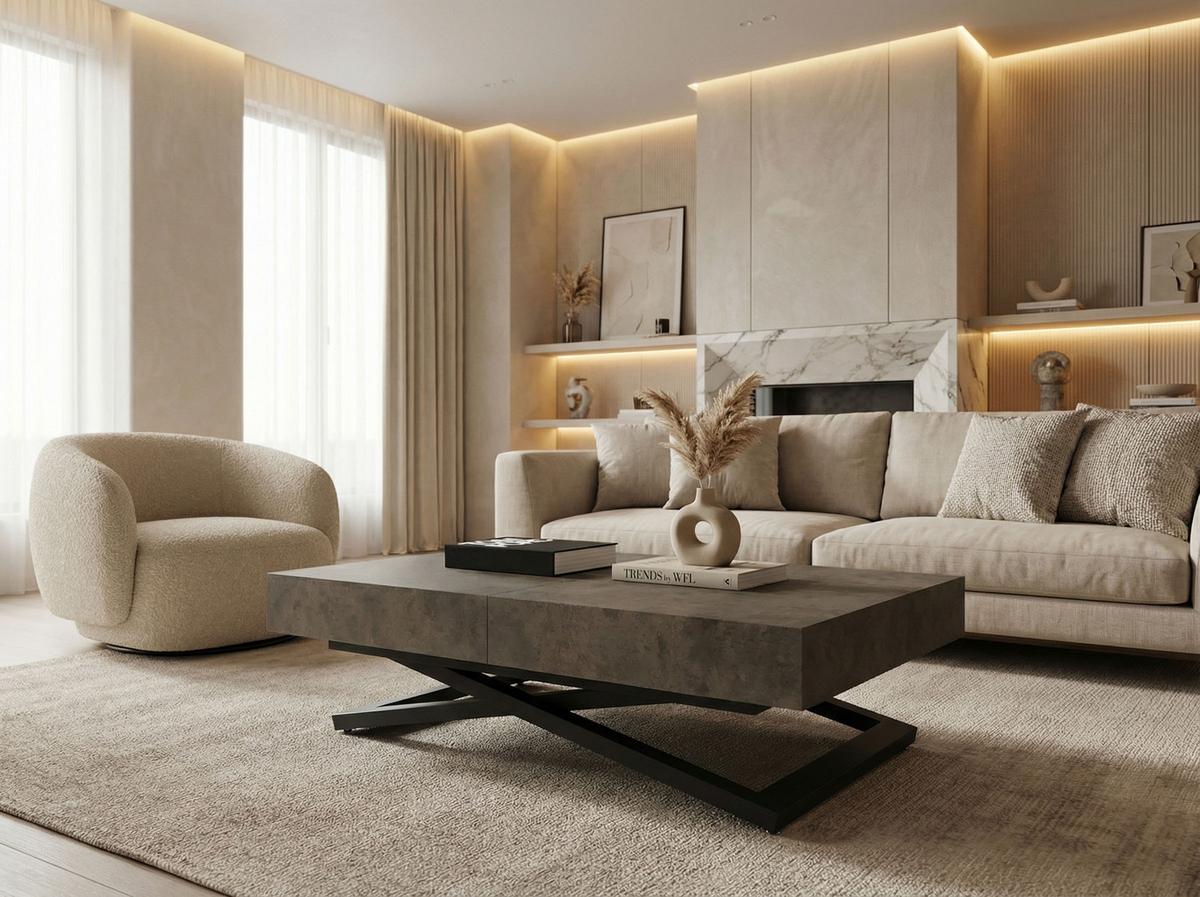 COUCHTISCH Cavetta U höhenverstellbar ausziehbar, Dunkelgrauer Chicago Beton 120-200/80/27-76 cm - Dunkelgrau/Schwarz, Holzwerkstoff/Metall (80/200/76cm) - WFL GROUP