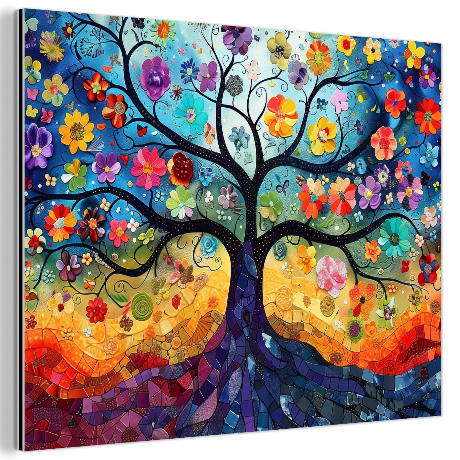 METALLBILD Kunst - Baum des Lebens - Blumen - Hippie 80x60 cm - Dunkelblau, Metall (80/60cm) - MuchoWow