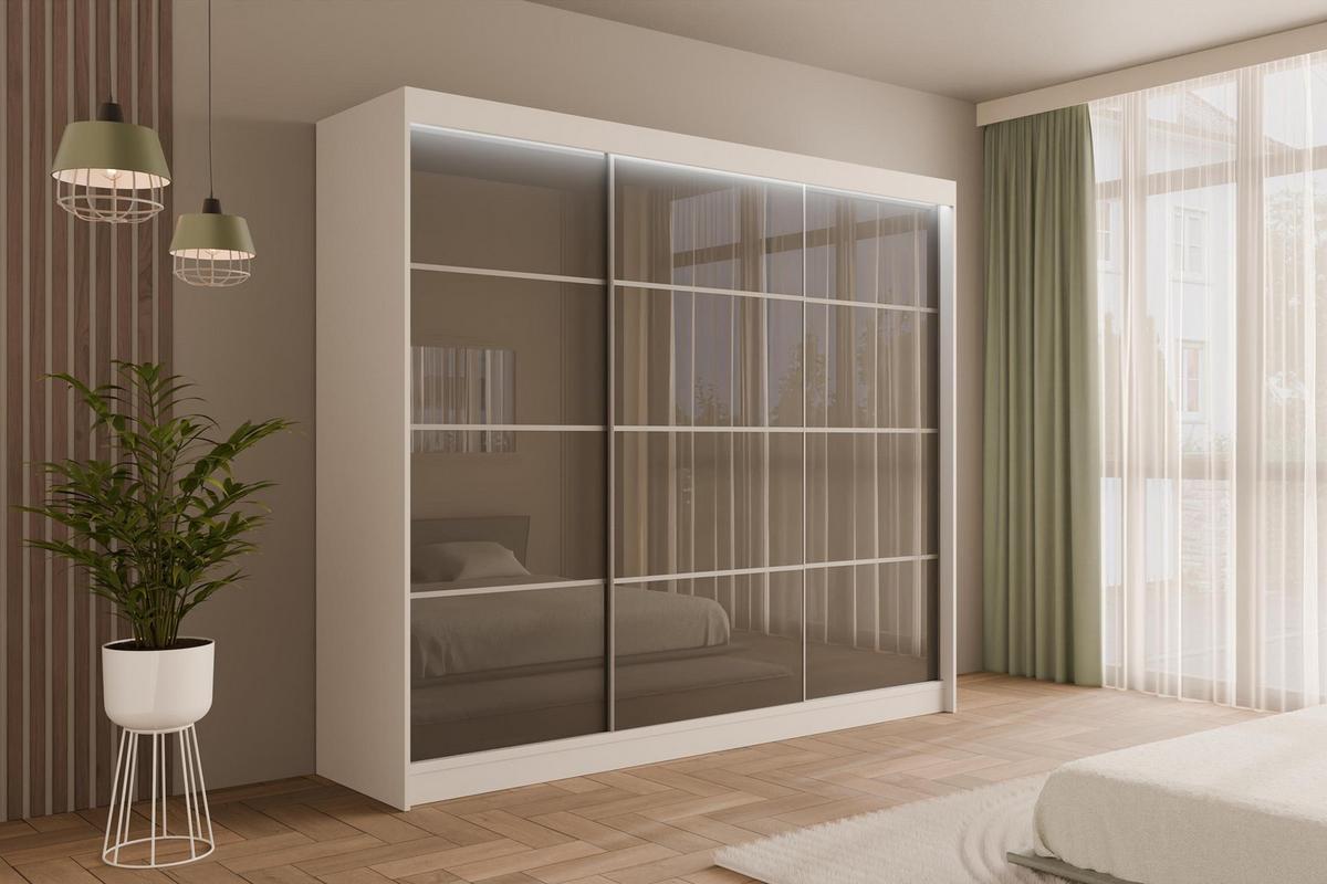 KLEIDERSCHRANK PEKA III mit LED - 250 cm - Weiß|Grau - Weiß/Grau, Holzwerkstoff (250/215/61cm) - ALTDECOR
