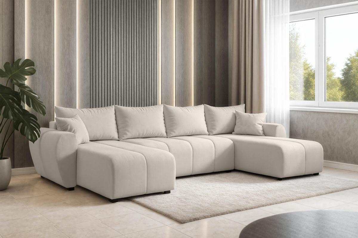 WOHNLANDSCHAFT Malatya U Form Beige 311/145/80 cm mit Schlaffunktion - Beige/Schwarz, Kunststoff/Textil (311/80/145cm) - AX Living