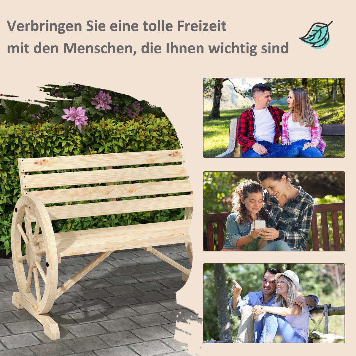 2ER-GARTENBANK Sitzbank Wagenrad-Design rustikale Holzbank für 2 Personen - Naturfarben, Holz (56/79/105.5cm) - Outsunny