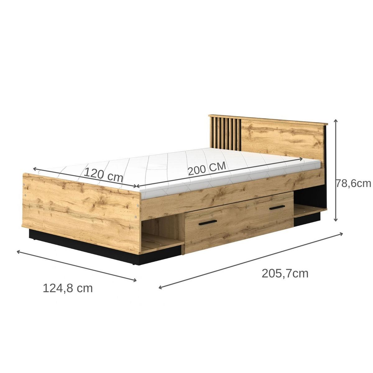 BETT Lamelo mit Bonnelmatratze & Schublade, 120x200 cm, mit Lamellen, Eiche Wotan - Eiche Wotan, Holzwerkstoff (120/200cm) - Beautysofa