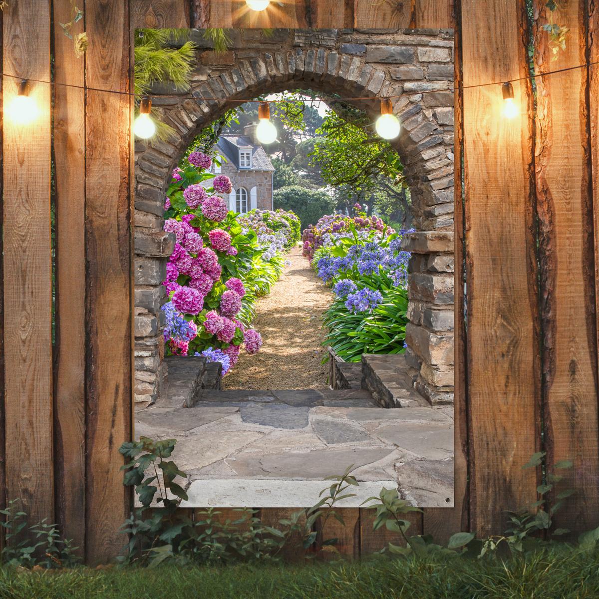 GARTENPOSTER Blumen - Guck-guck - Hortensie - Sommer Bild 120x180 cm - Braun, Kunststoff (120/180/0.2cm) - OnlyWow