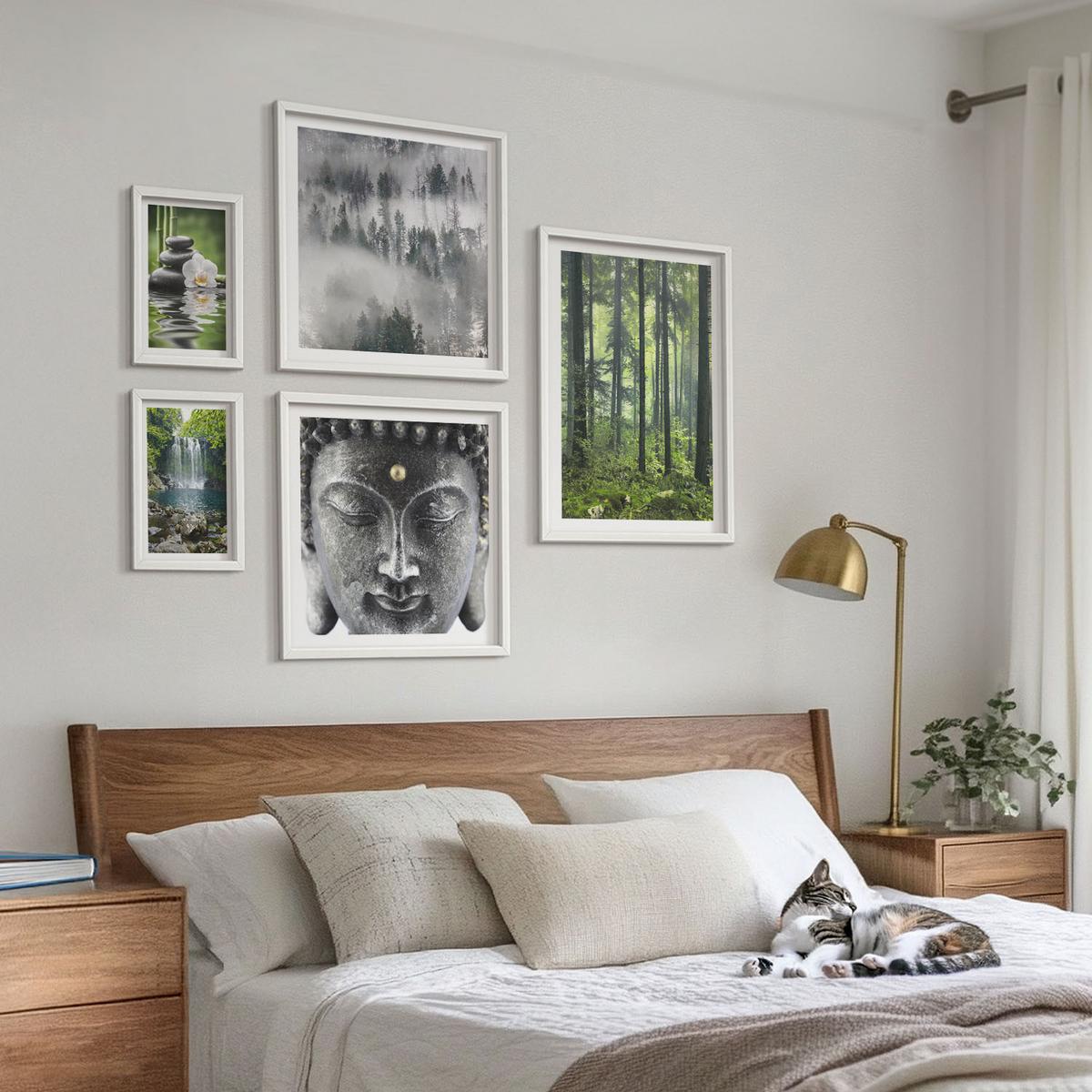 BILDER SET 5er Set - 50x50 cm & 20x30 cm & 40x60 cm Weißer Rahmen - Harmonie der Natur, Steine, Wasser, Buddha - Weiß, Kunststoff (40/60cm) - TULUP