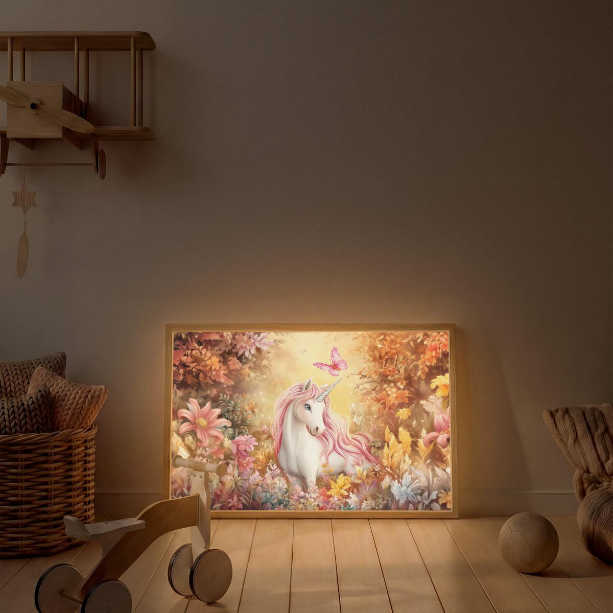WANDLEUCHTE MIT AKKU Einhorn - Blumen - Schmetterling - Rosa 100x70 cm - Beige, Holzwerkstoff (100/70/8cm) - OnlyWow