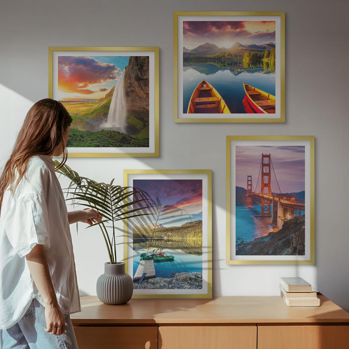 BILDER SET 4er Set - 50x50 cm & 40x60 cm Goldrahmen - Bergseen, Boote, Brücken - Goldfarben, Kunststoff (50/50cm) - TULUP