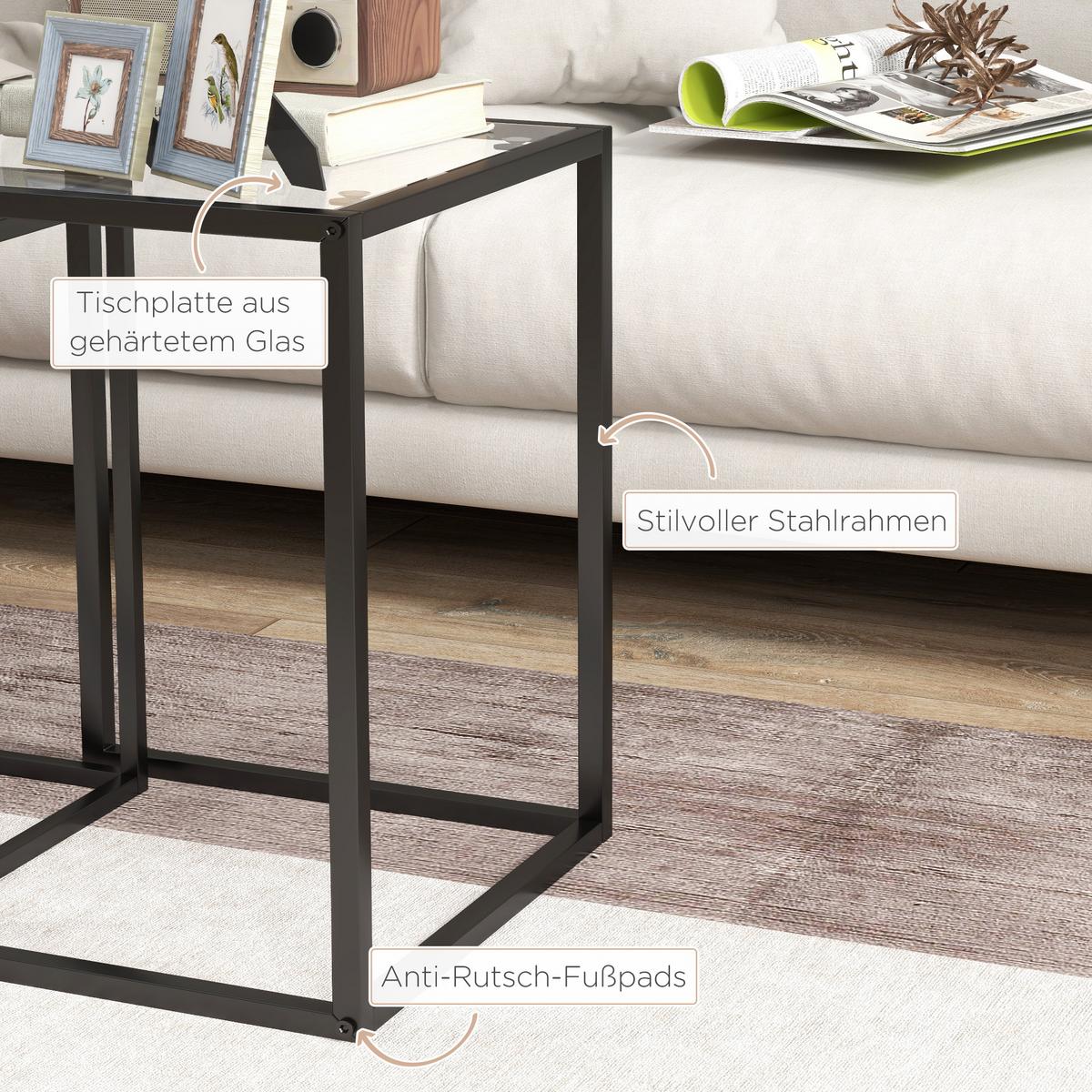 BEISTELLTISCH 2er Set Stahl Hartglas Schwarz - Schwarz, Metall (42/42/51cm) - HOMCOM