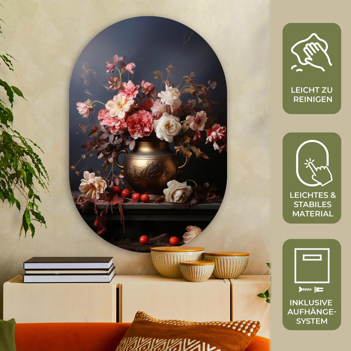 WANDBILD Stilleben - Blumen - Rosen - Blumenstrauß - Vase Deko Groß 80x120 cm - Dunkelbraun, Kunststoff (80/120cm) - MuchoWow