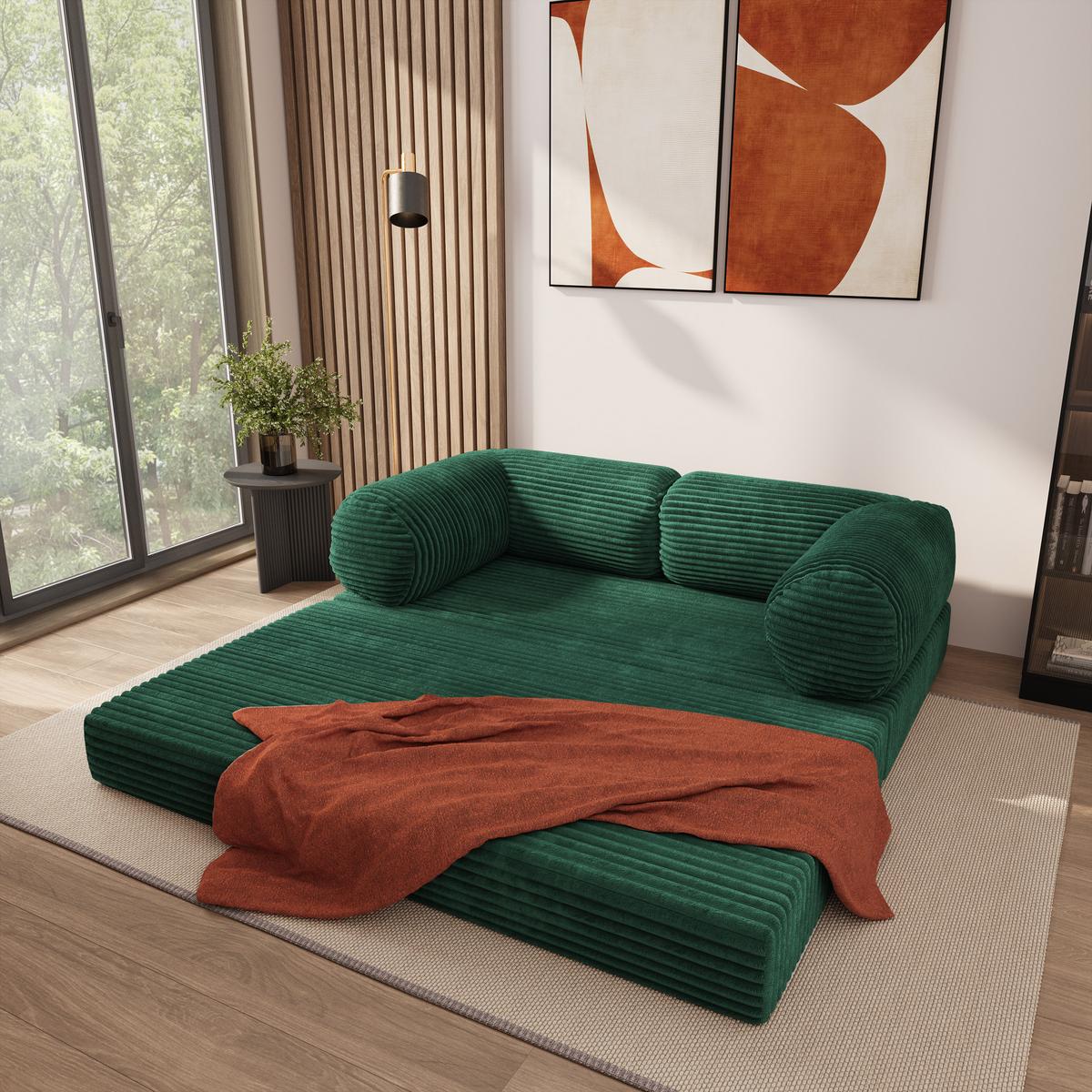 BETTSOFA ALVIO aus Schaumstoff Kordstoff Grün Schlaffunktion - Grün, Textil (170/68/80cm) - MASSENO