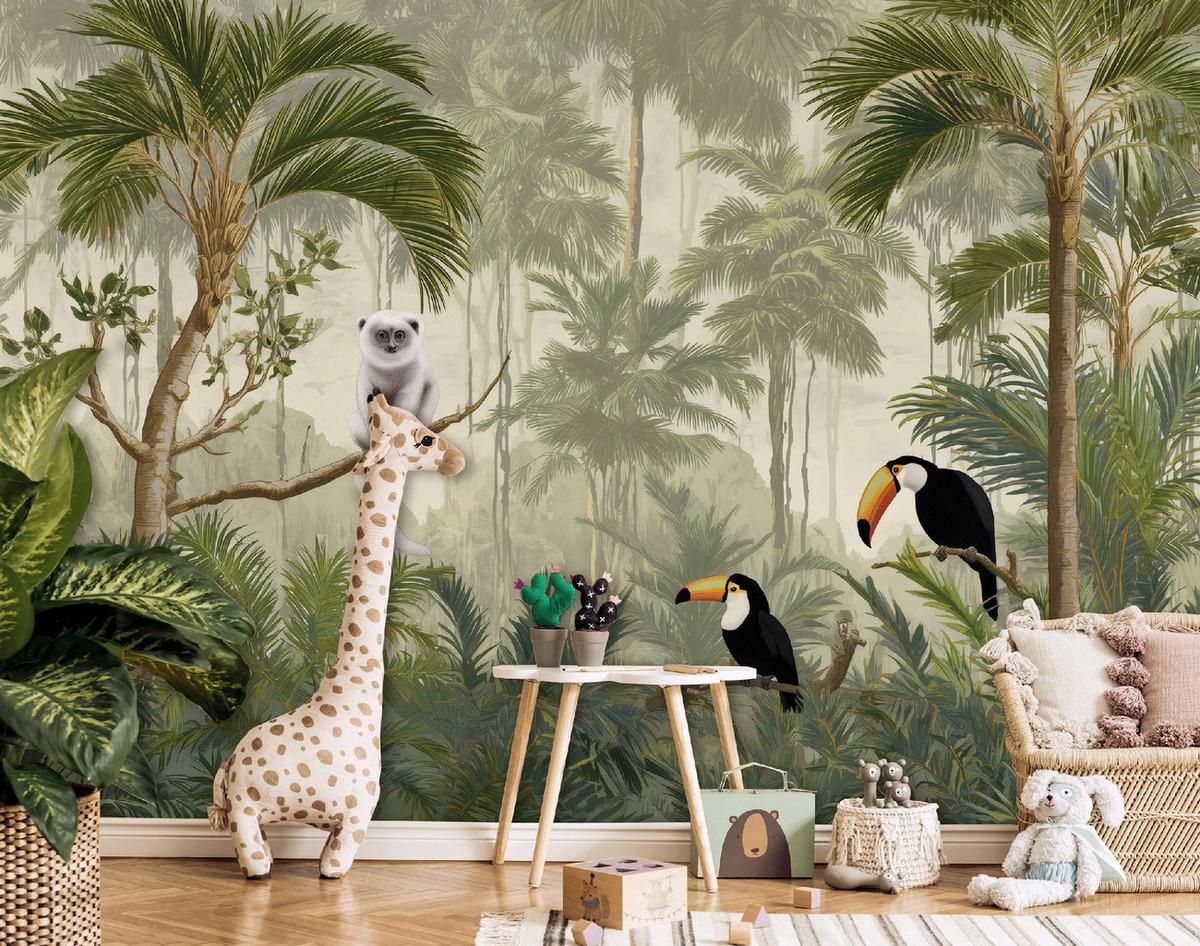 FOTOTAPETE Dschungel Tiere Grün 200x140 cm - Multicolor, Papier (200/140cm) - Wallarena