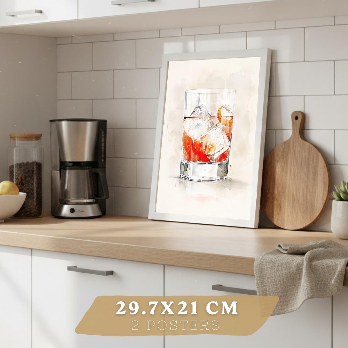 POSTER 4er Set Cocktails und Wein Wandbilder Bunte Gläser Negroni Tropical Aquarell Bar Küche Deko Weißer Rahmen A4 - Weiß, Papier (29.7/1/21cm) - Nacnic