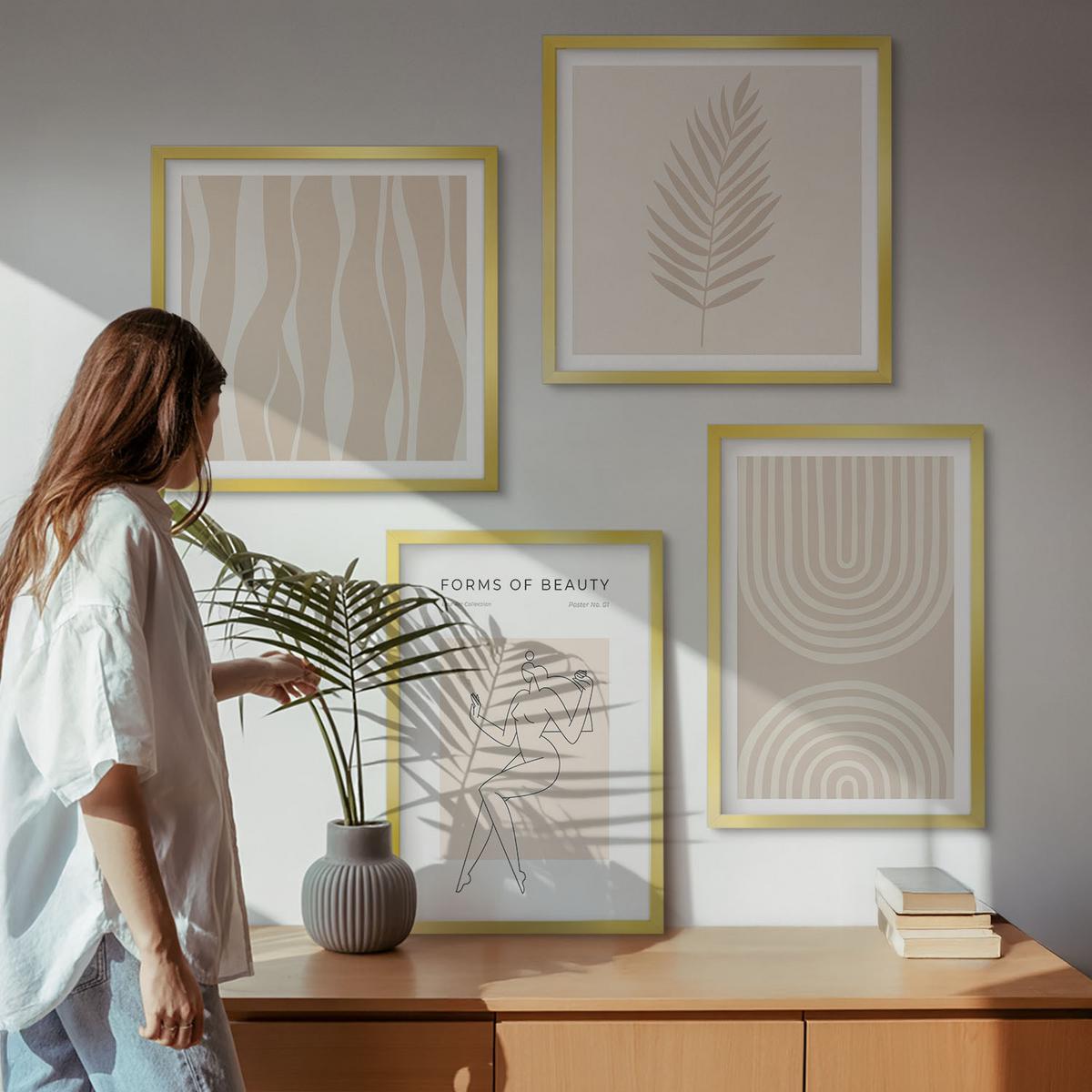 BILDER SET 4er Set - 50x50 cm & 40x60 cm Goldrahmen - Abstrakte Boho-Dekorationen - Goldfarben, Kunststoff (50/50cm) - TULUP