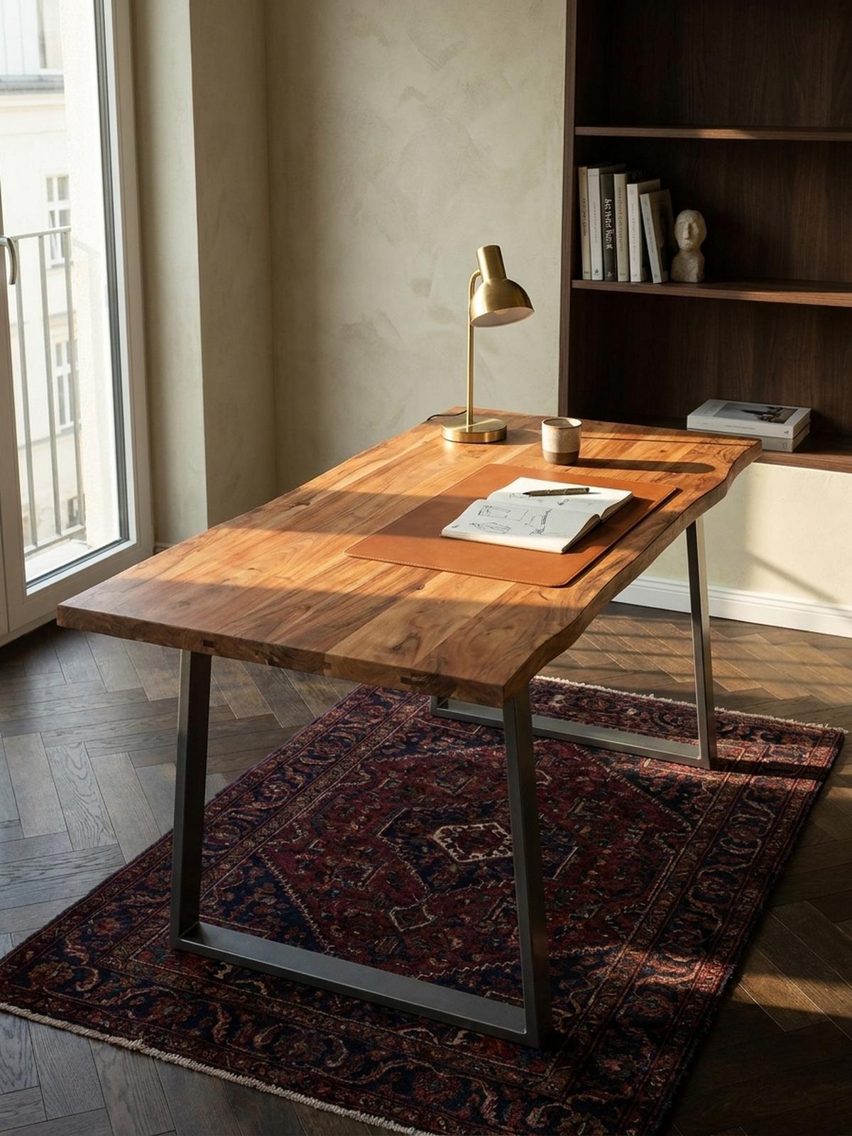 SCHREIBTISCH Massivholz Baumkante Chromgestell Handarbeit TARN, Goldbraun-Chrom 120x60x76 cm - Chromfarben/Braun, Holz/Metall (120/60/76cm) - KADIMA DESIGN