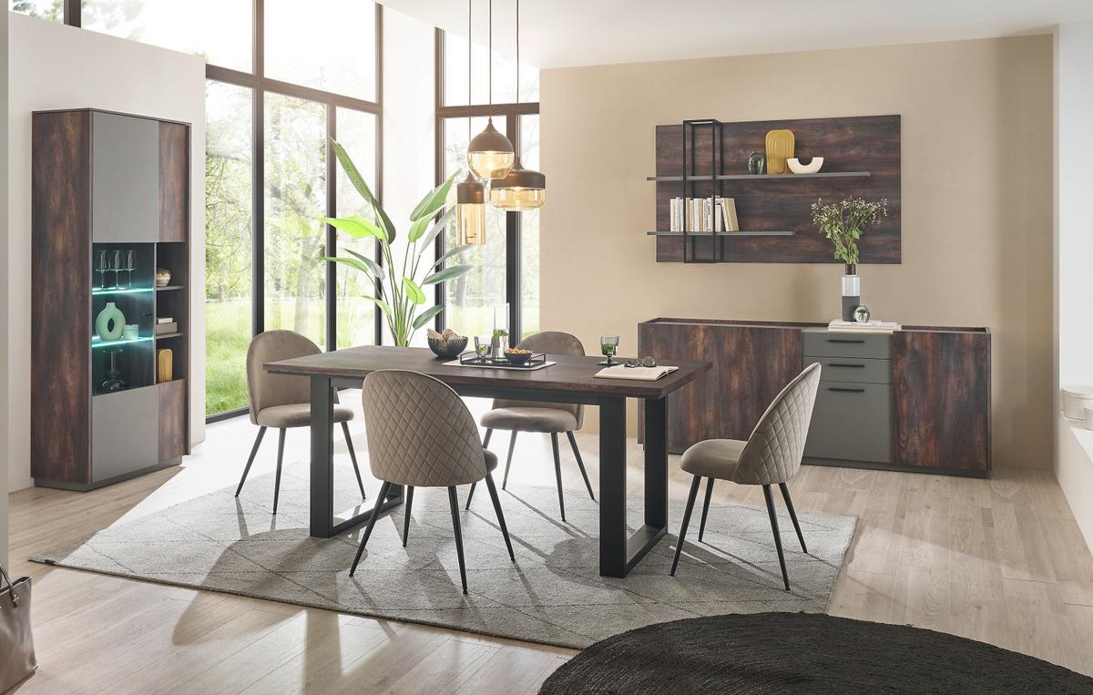 ESSZIMMER-SET Thermo Eiche, grau, Speisezimmer 4-teilig mit Soft-Close - Eichefarben/Schwarz, Glas/Holzwerkstoff (200/200/81cm) - Furn.Design