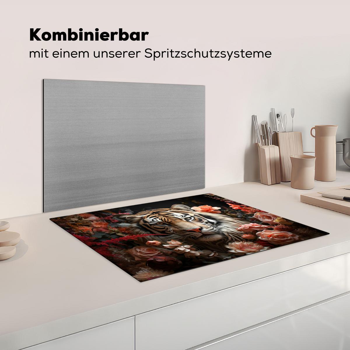 HERDABDECKPLATTE Tiger - Tier - Natur - Floral - Botanisch Induktionsmatte 71x52 cm - Orange, Kunststoff (71/52/0.2cm) - MuchoWow