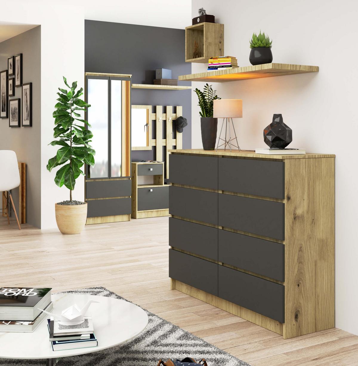 KOMMODE Eiche Artisan, Graphit Grau 99/120/40 - Eiche Artisan, Holzwerkstoff (120/99/40cm) - RAUMHIRSCH FURNITURE