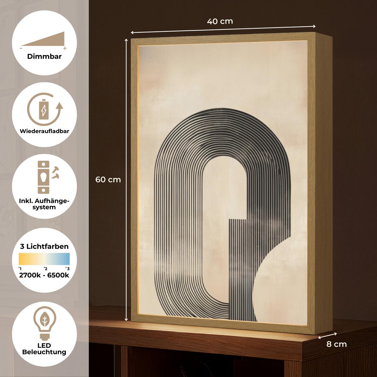 WANDLEUCHTE MIT AKKU Schleife - Streifen - Minimalistisch - Schwarz 40x60 cm - Beige, Holzwerkstoff (40/60/8cm) - OnlyWow