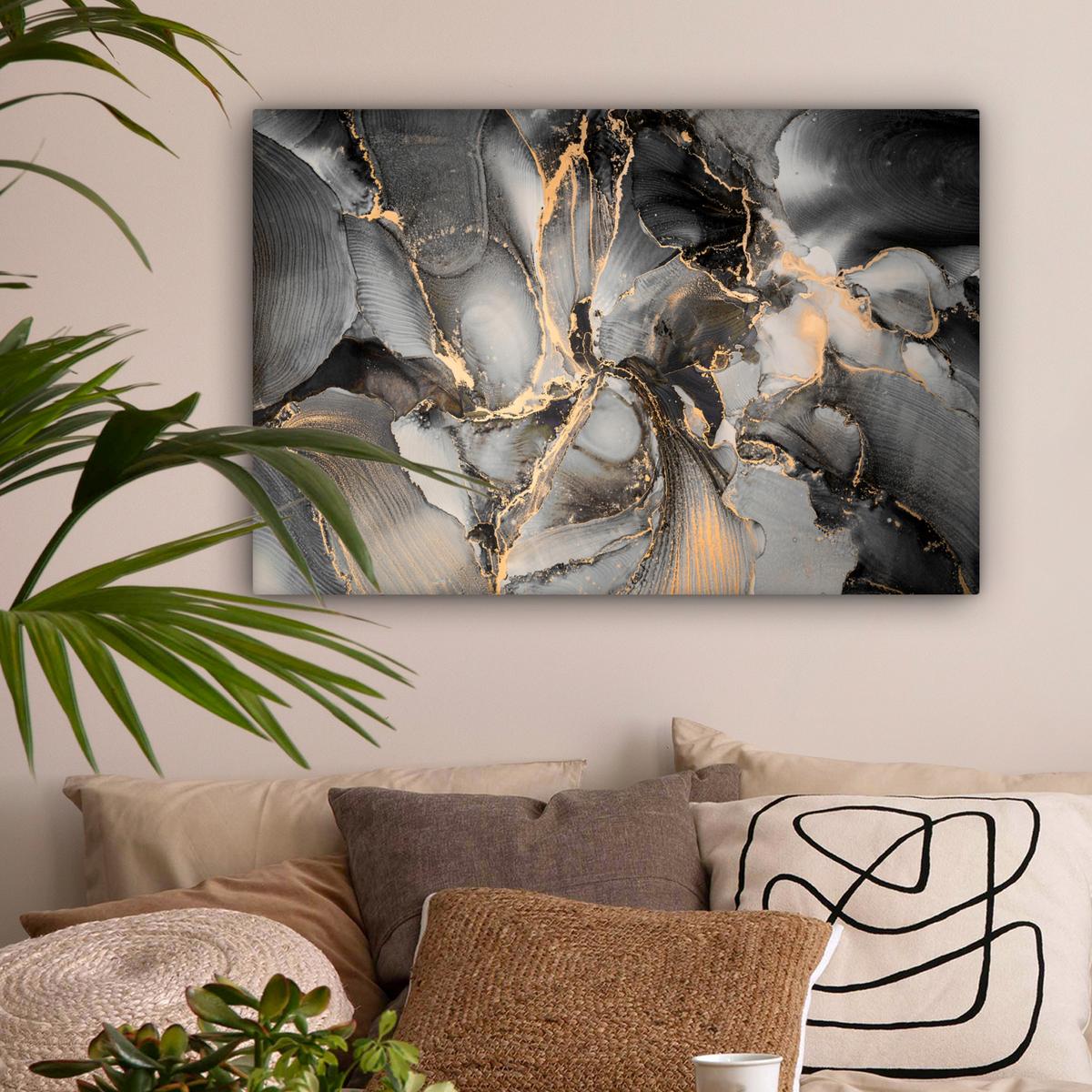 LEINWANDBILD Grau - Luxus - Gold - Marmor Gemälde 60x40 cm - Dunkelgrau, Textil (60/40cm) - MuchoWow