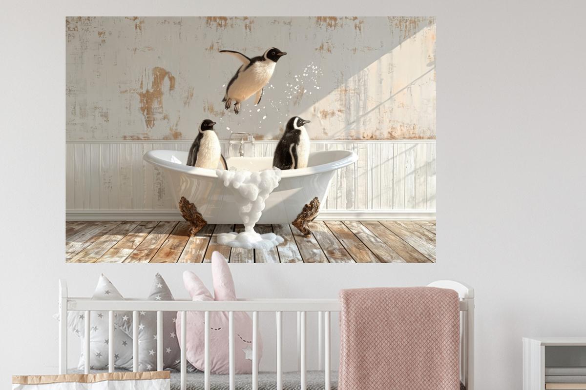 WANDTATTOO Vintage - Pinguin - Badewanne - Schaumstoff Wandsticker 120x80 cm - Schwarz, Kunststoff (120/80/0.1cm) - MuchoWow