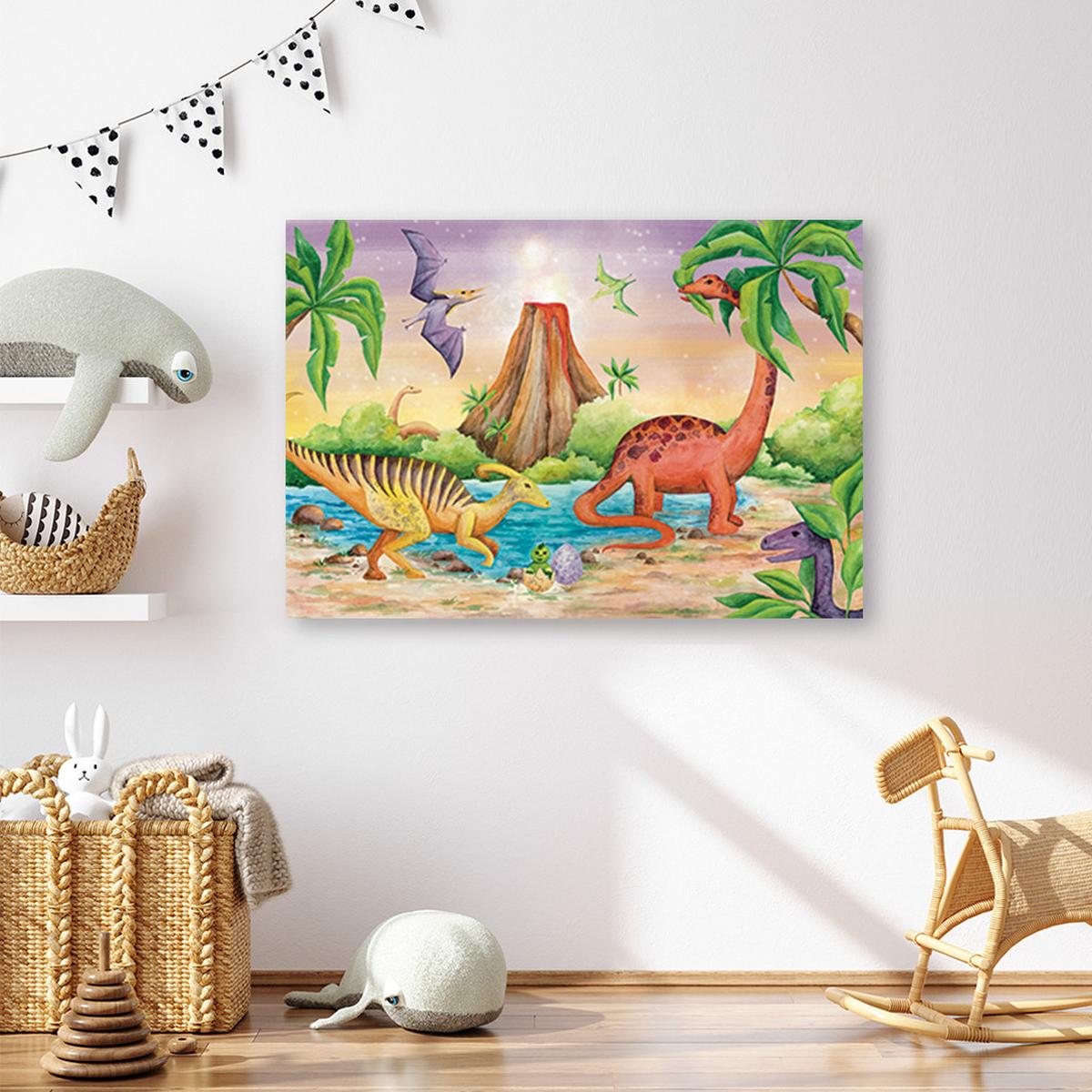 LEINWANDBILD Dinosaurier am See 120x80cm - Orange, Textil (120/80cm) - Feeby