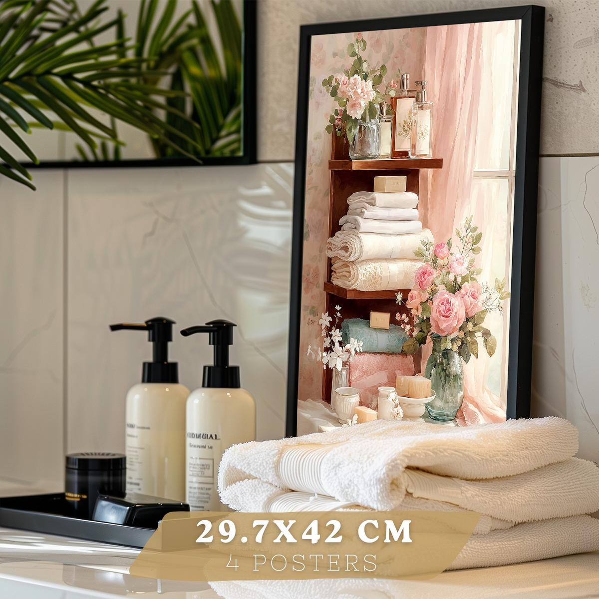POSTER 4er-Set dekorative Badezimmerdrucke, romantischer Stil, Bilder mit Blumen, Parfums und Schminktisch, elegante, Schwarzer Rahmen A3 - Schwarz, Papier (42/29.7/3cm) - Nacnic