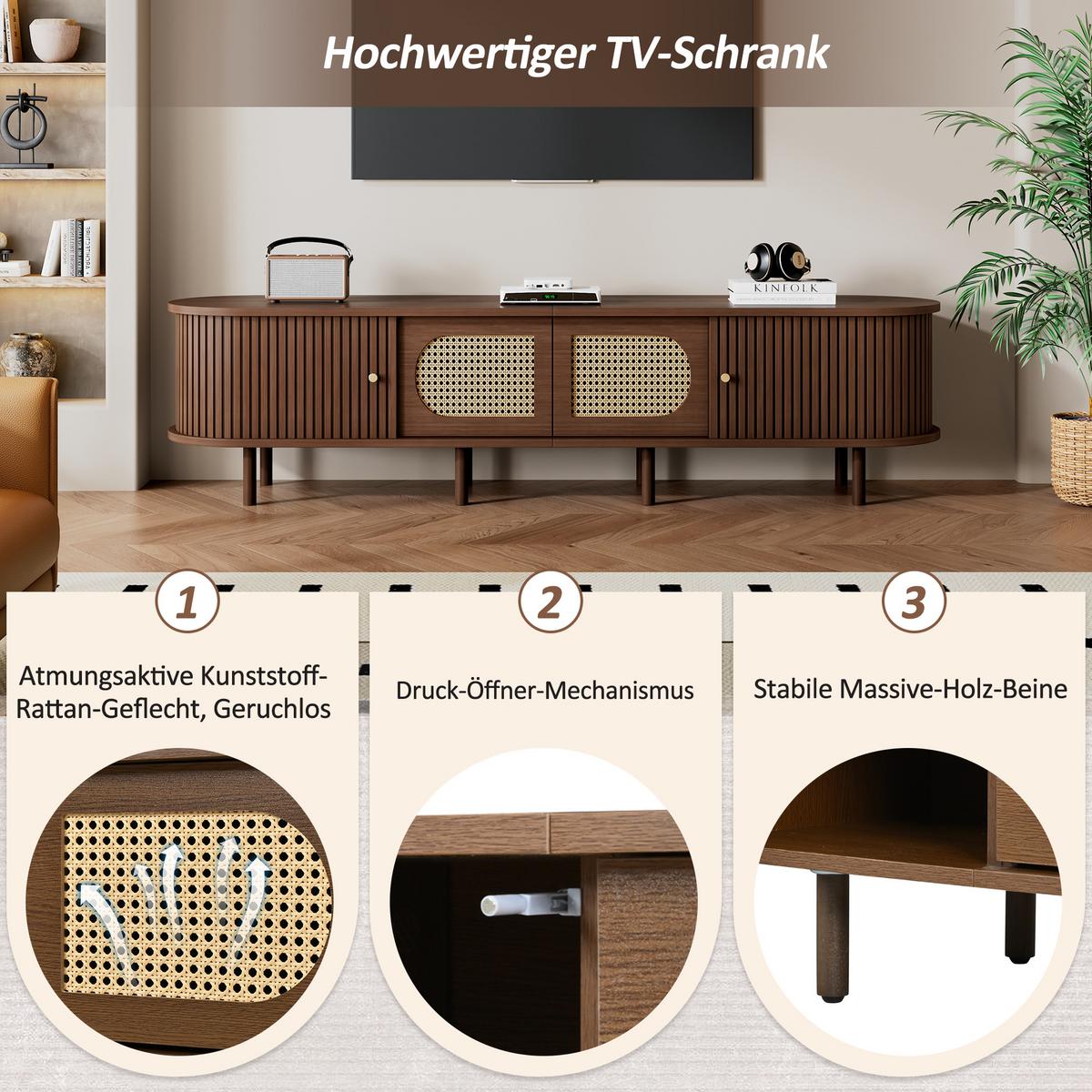 TV LOWBOARD walnuss rattan oval 180cm schiebetüren - Wildeiche, Holzwerkstoff (180/40/40cm) - Urban Meuble