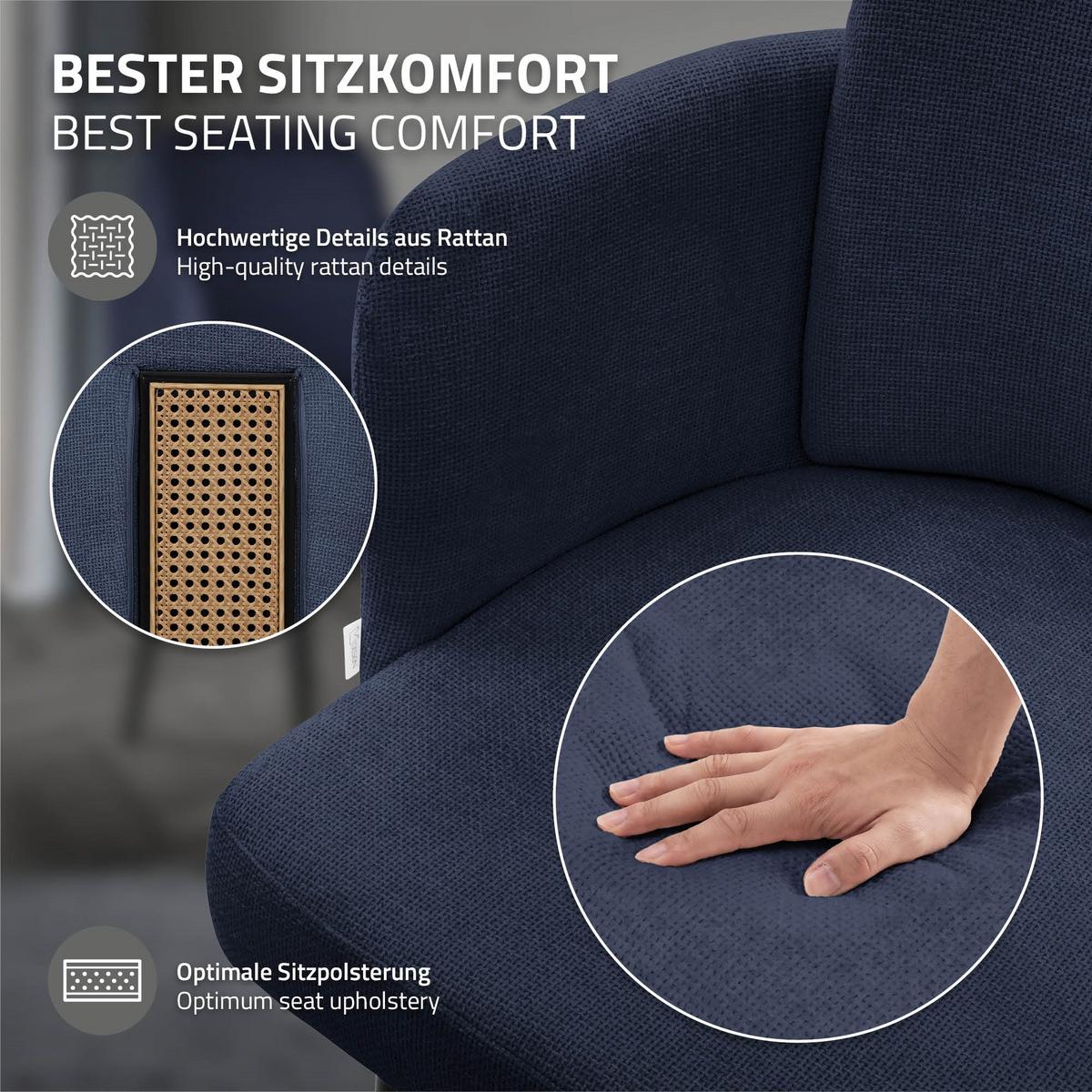ESSZIMMERSTÜHLE 2er Set Dunkelblau mit Stoffbezug Rattan Optik - Schwarz/Dunkelblau, Textil/Metall (59/86/59cm) - ML-DESIGN