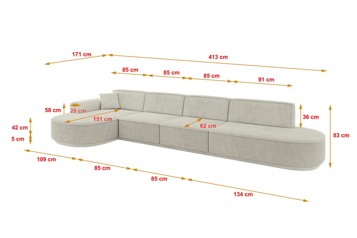 ECKSOFA Ottomane Links MARI-L3-v3 - 413x171x83 cm Creme Cord - Hellgrau/Creme, Holzwerkstoff/Kunststoff (413/171cm) - ALTDECOR