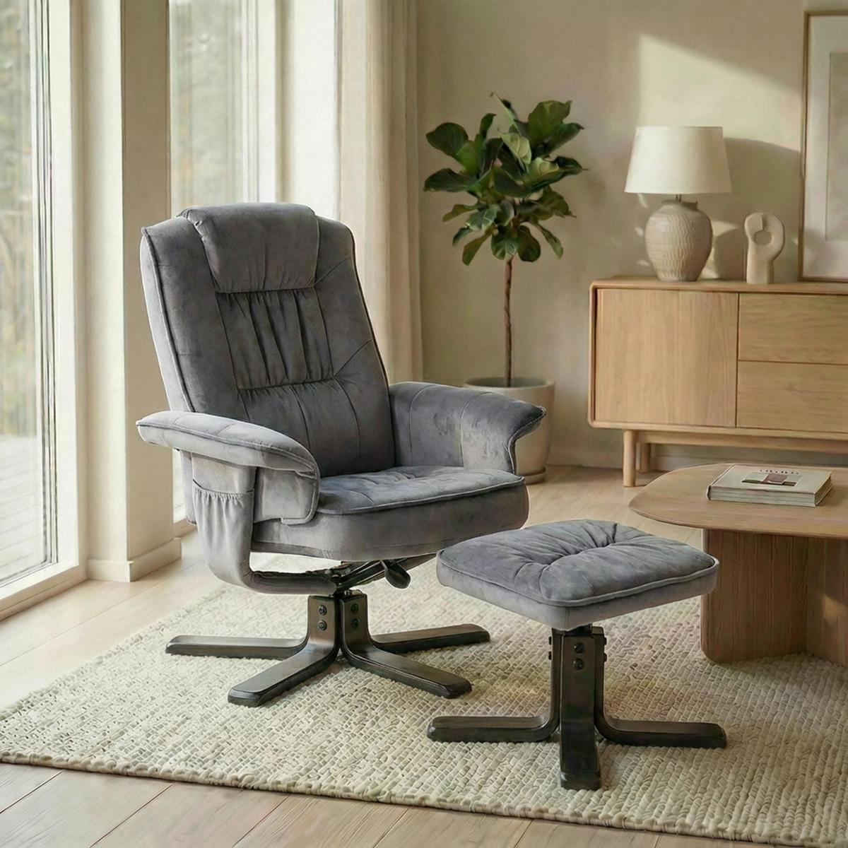 RELAXSESSEL SAMTSTOFF, SET MIT HOCKER CHARLES grau - Grau, Textil (76/87/61cm) - IDIMEX
