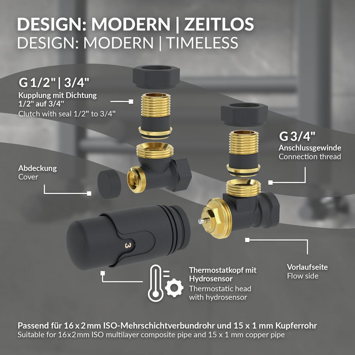 HEIZKÖRPERVENTIL 1/2 Zoll Heizungsventil für Heizkörper Eckventil Anthrazit - Anthrazit, Metall (3/3.9/4.3cm) - LuxeBath