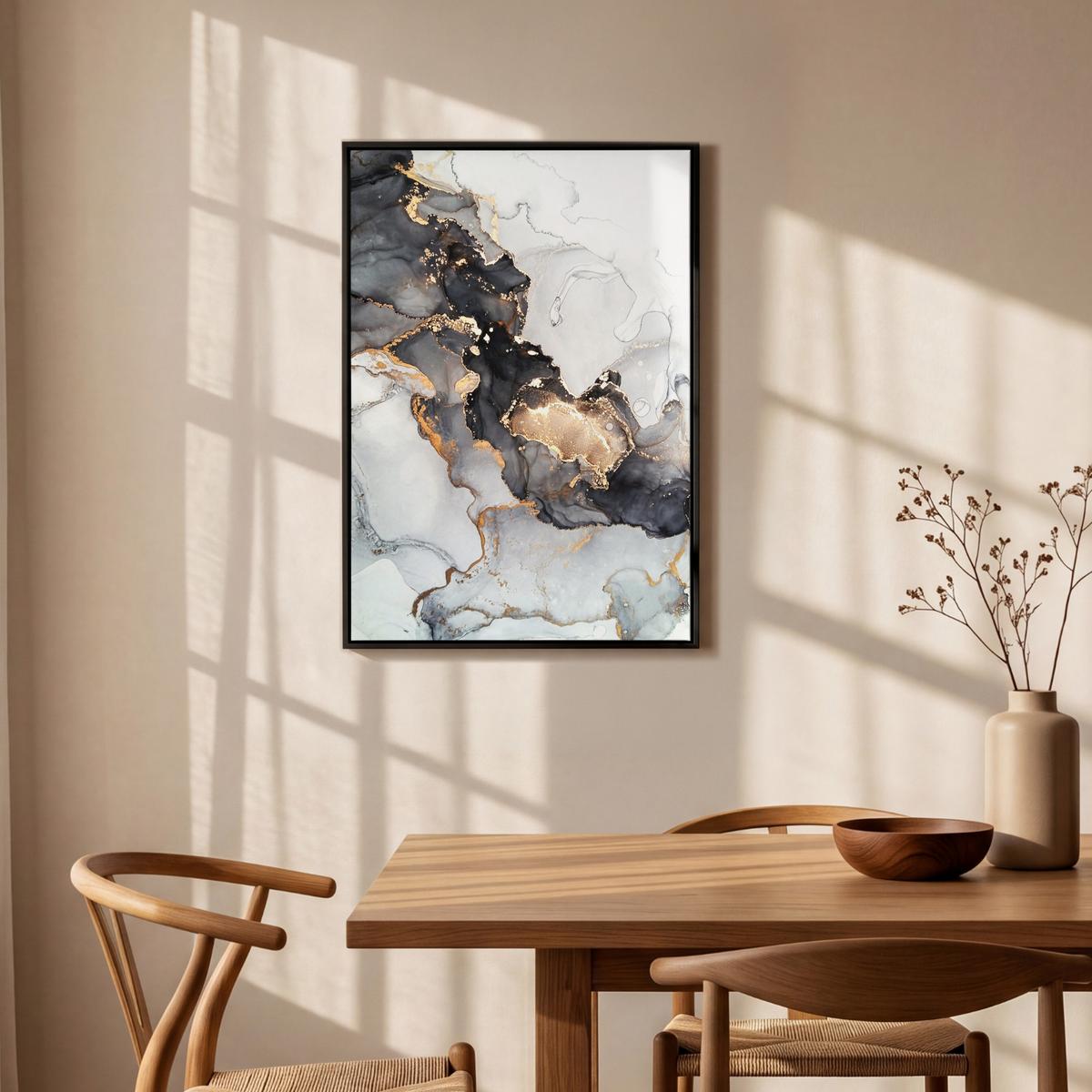 LEINWAND Bilder mit Rahmen - Marmor - Schwarz - Weiß - Gold - Luxus - Abstrakt - 60x90 - Goldfarben, Textil (60/90cm) - MuchoWow