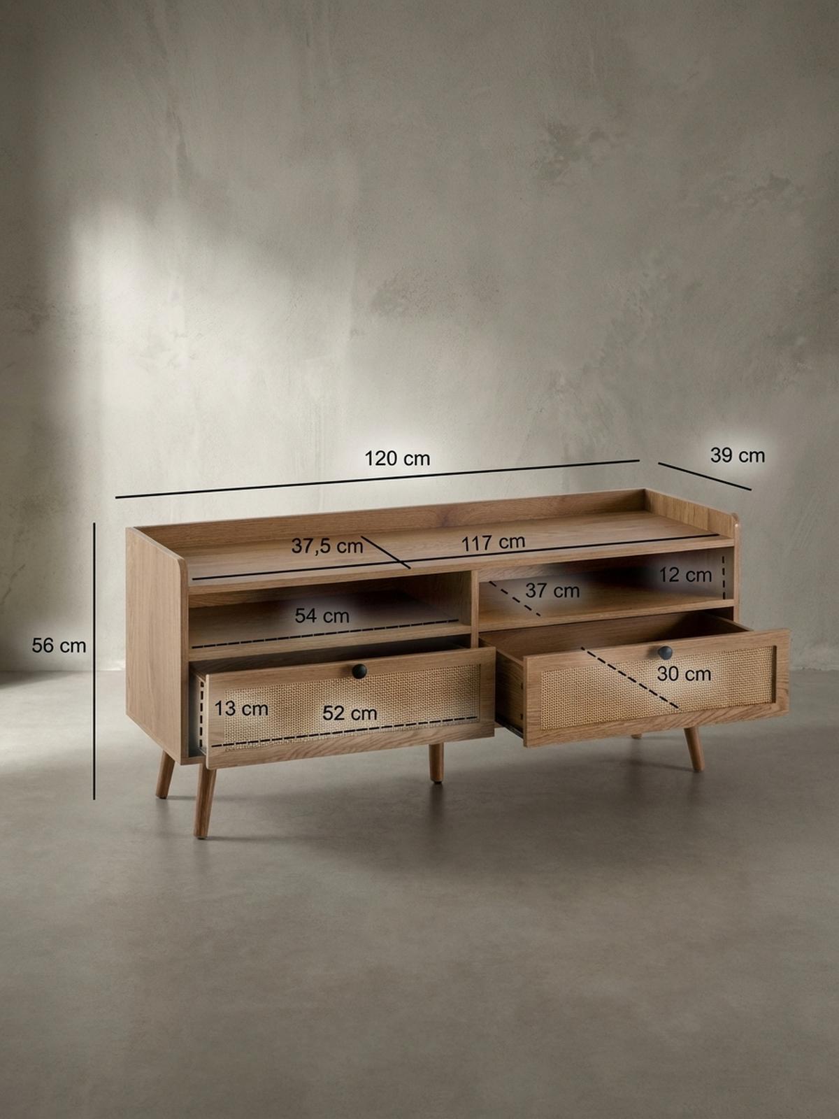 LOWBOARD Eiche-Dekor Rattan Modern Stil 120x56x39 cm mit Schubladen - Eichefarben/Braun, Holz (120/56/39cm) - KADIMA DESIGN