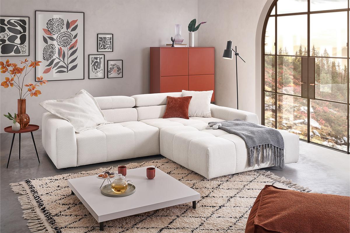 ECKSOFA MIT MOTORISCHEM SITZVORZUG RENO Weiß Cord Relaxfunktion - Schwarz/Weiß, Kunststoff/Textil (258/217cm) - KAWOLA