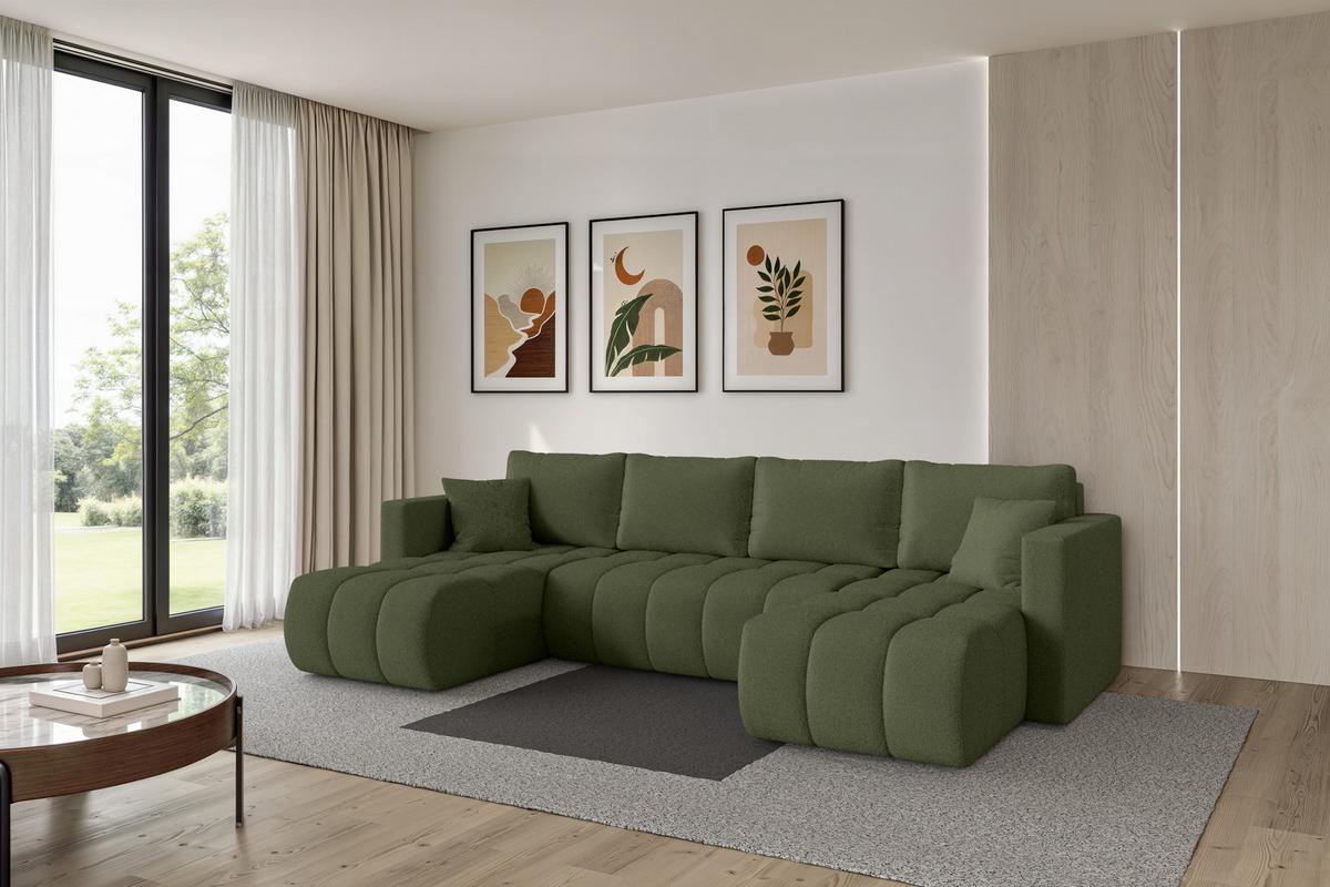 WOHNLANDSCHAFT mit Schlaffunktion und Bettkasten GARD-U 300x146x85 Grün Bouclé - Schwarz/Olivgrün, Holzwerkstoff/Kunststoff (300/85/146cm) - ALTDECOR