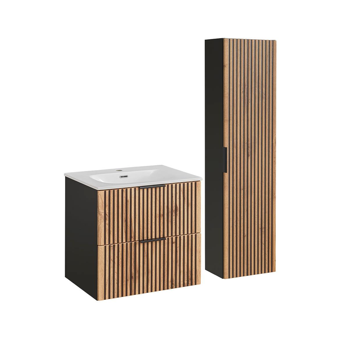 BADMÖBEL 60.2cm Gaia 2er-Set Holz in Eichenoptik und Schwarz - Schwarz, Holzwerkstoff (60.2/57/46cm) - Petits-meubles