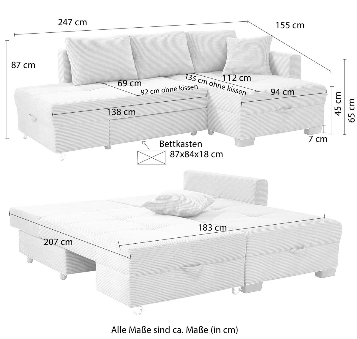 ECKSOFA Doppelbett mit Bettkasten, seitenverkehrt montierbar B247/T155/H87 cm, Liegefläche 183x207 cm, Cord Dunkelgrau / 15214 - Dunkelgrau/Schwarz, Kunststoff/Textil (247/155cm) - luma-home